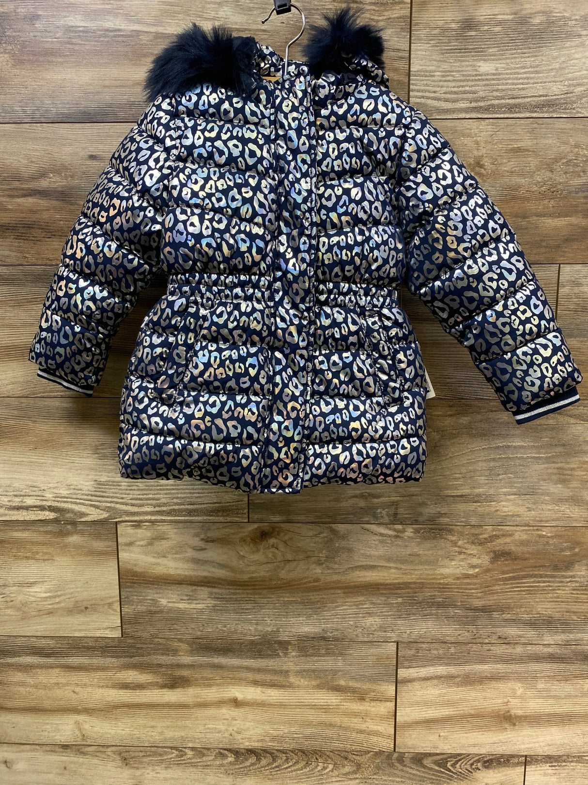 NEW Members Mark Metallic Leopard Print Puffer Coat Navy sz 4T