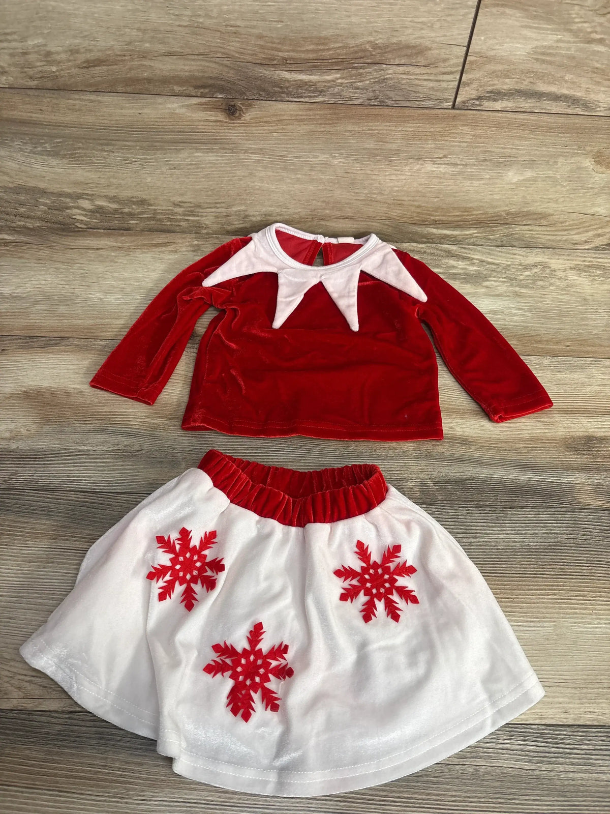 Red velvet toddler Christmas outfit with white snowflake skirt and collar, holiday kids clothing