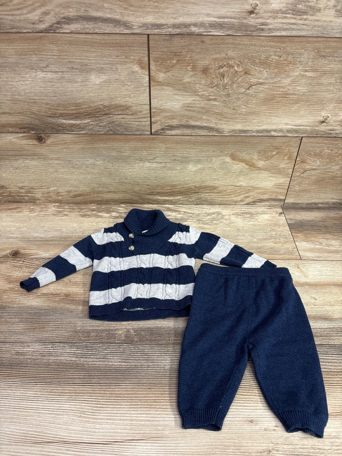 Edgehill Collection navy and grey striped 2pc knit sweater and pants set for newborns