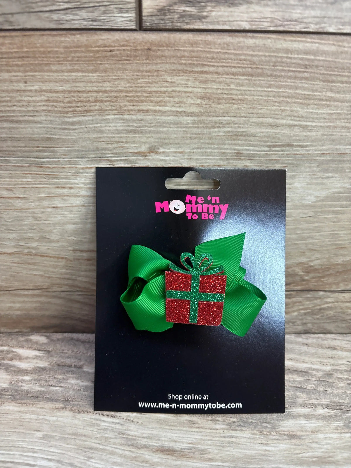 Green bow with red glitter gift box, festive kids hair accessory