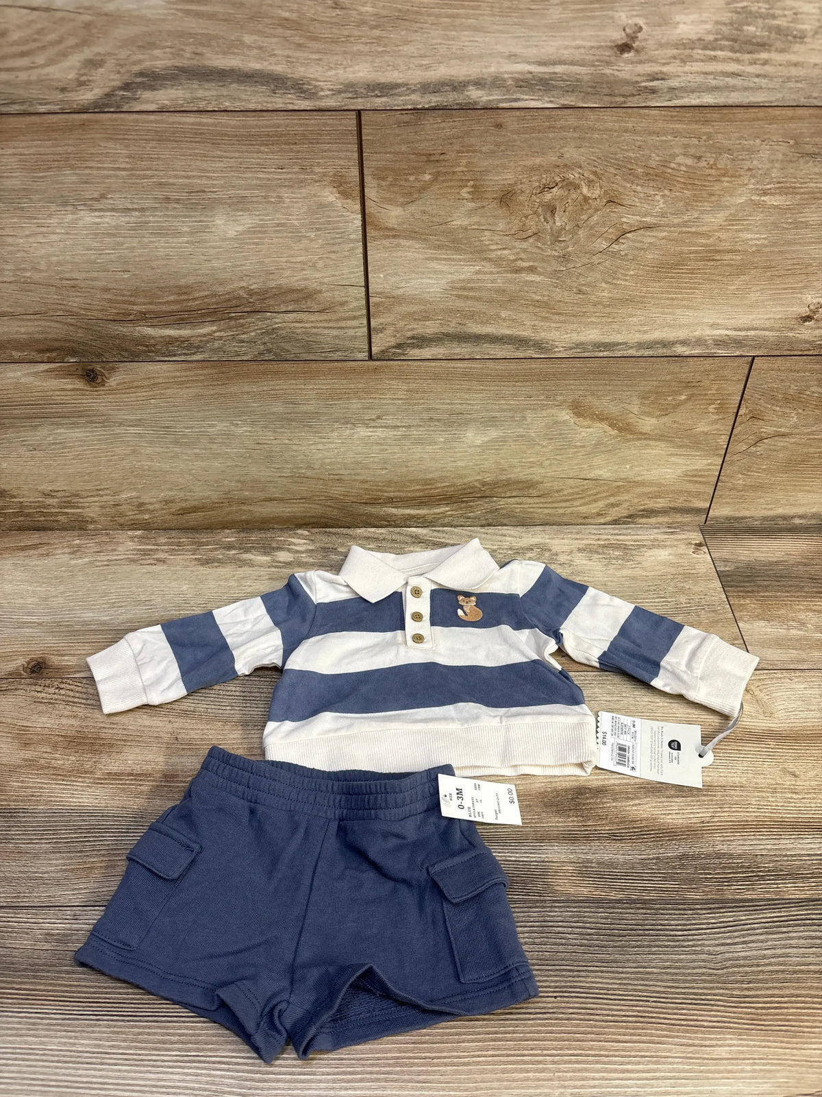 Cloud Island 2-piece baby set with a blue and white striped fox polo and blue shorts