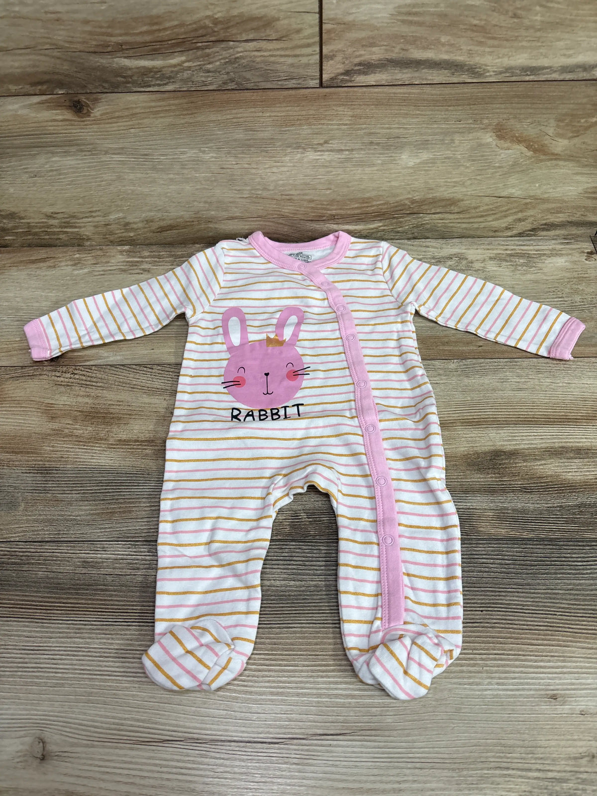 Front view of MAMIMAKA Rabbit Sleeper in white with pink and gold stripes, rabbit graphic, and covered feet
