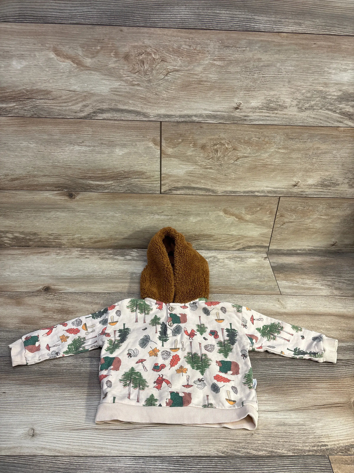 Bebetto hooded fall sweatshirt for baby in beige with forest print and brown faux fur hood