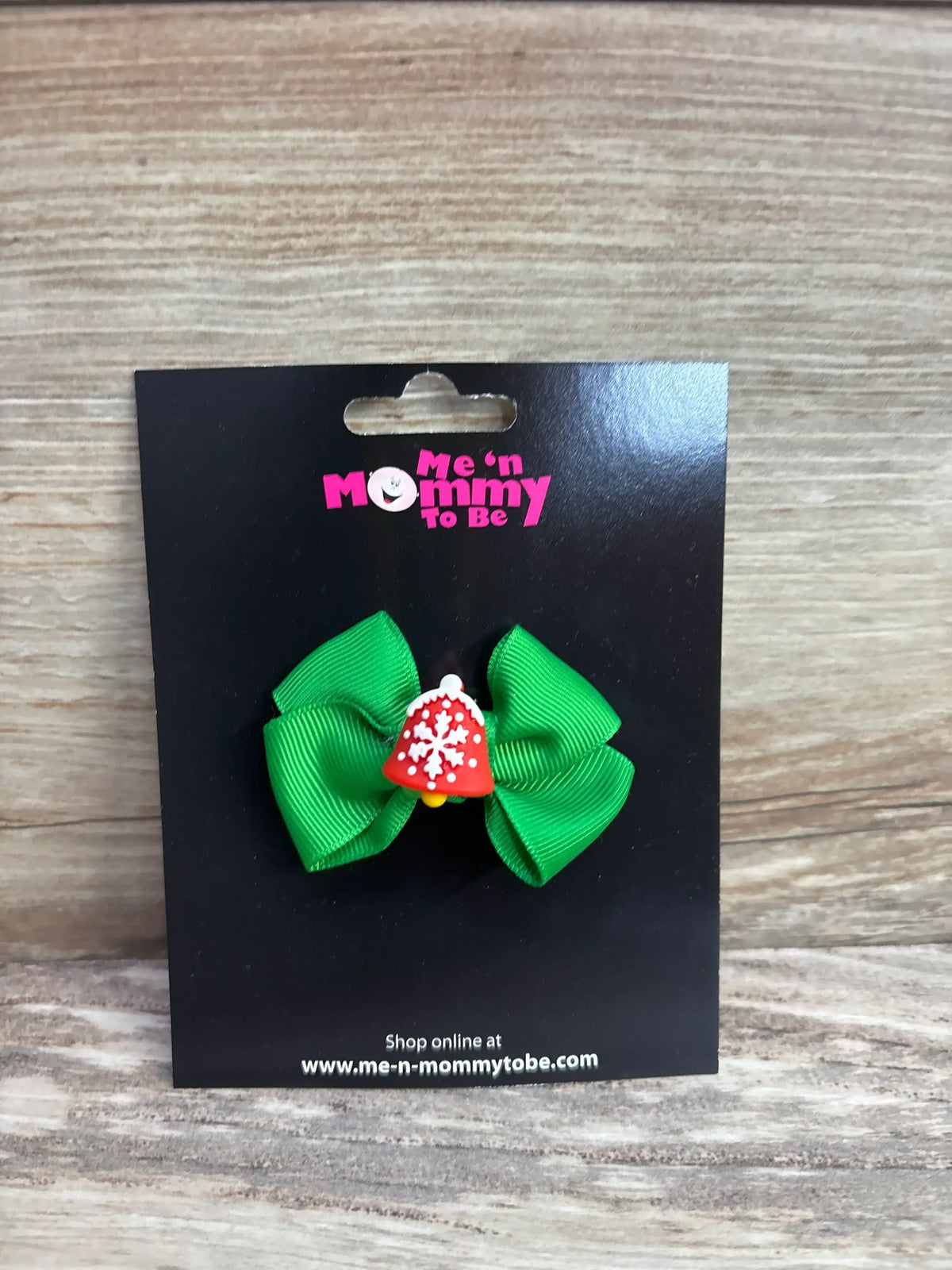 Green holiday bow with red bell for kids, festive Christmas hair accessory