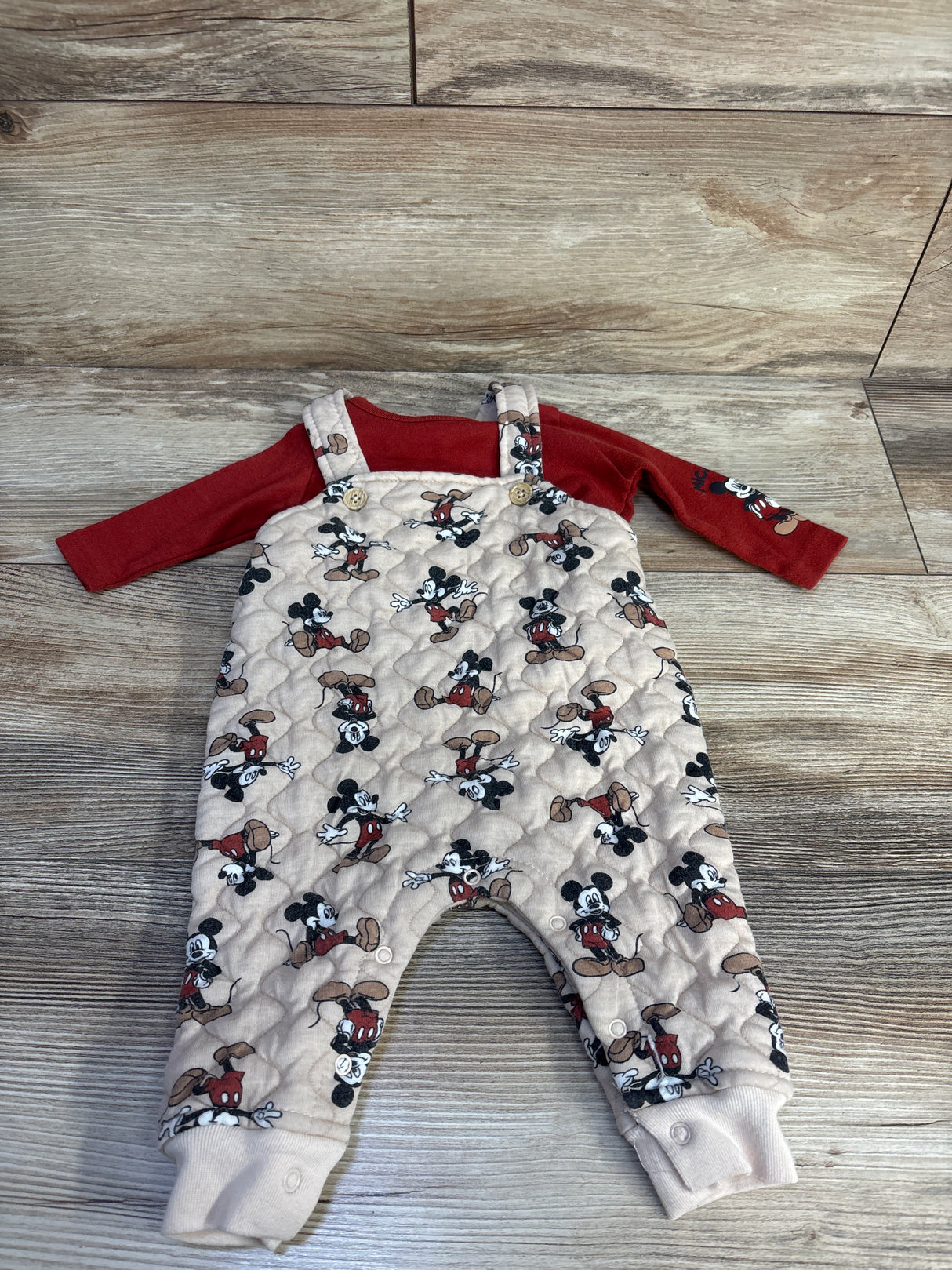 Disney Baby 2pc Mickey Mouse Quilted Overalls Set Red sz 0/3m