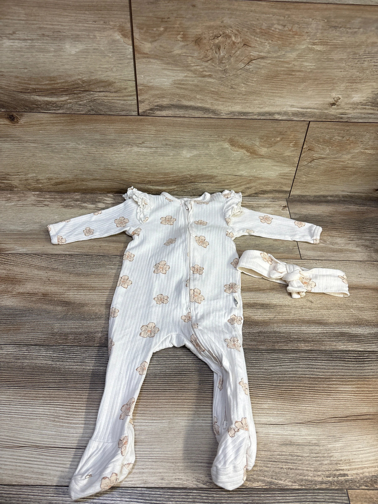 Rabbit + Bear Organic 2pc Ribbed Sleeper & Headband Beige sz 6-9m