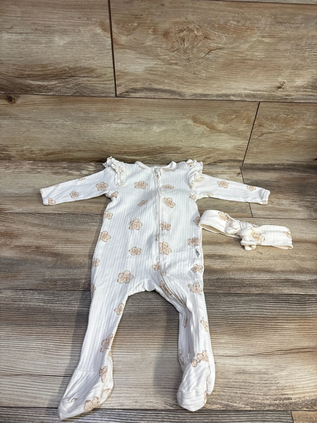 Rabbit + Bear Organic 2pc Ribbed Sleeper & Headband Beige sz 6-9m
