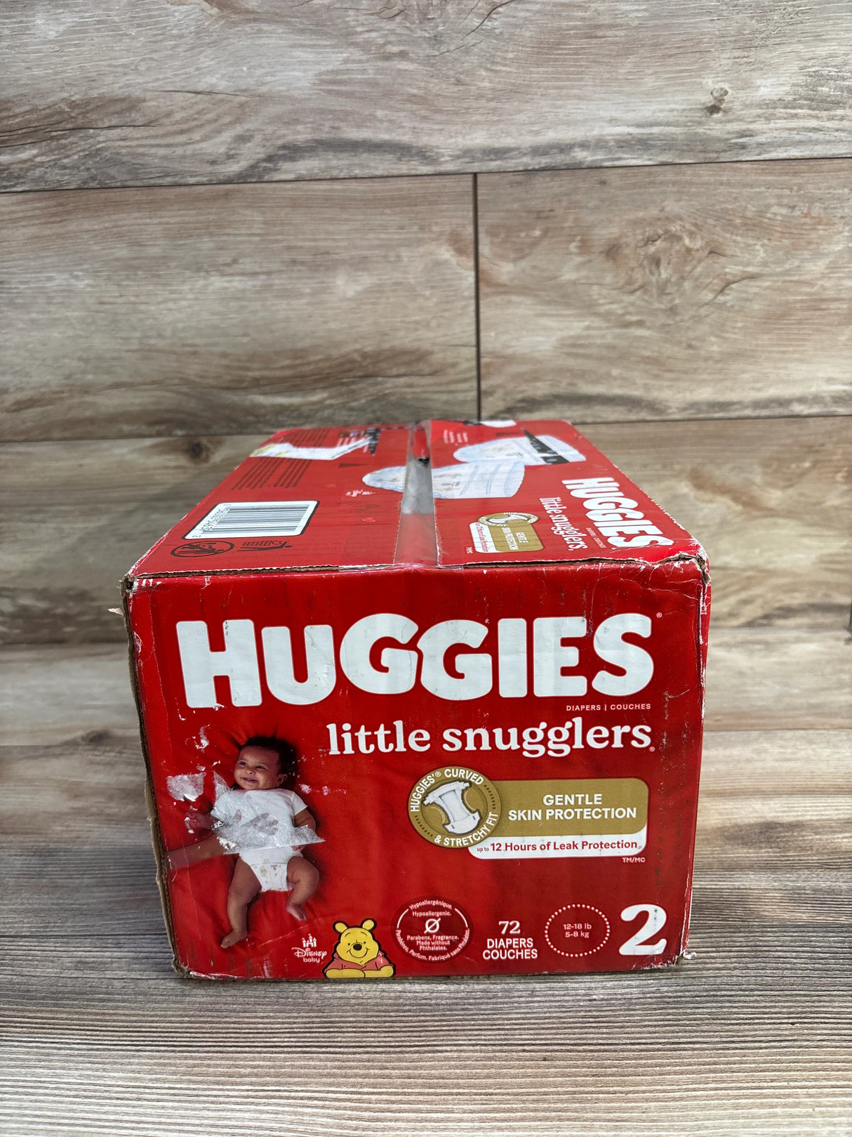 Huggies Little Snugglers Size 2 diapers box, red packaging, 72 count, with baby image
