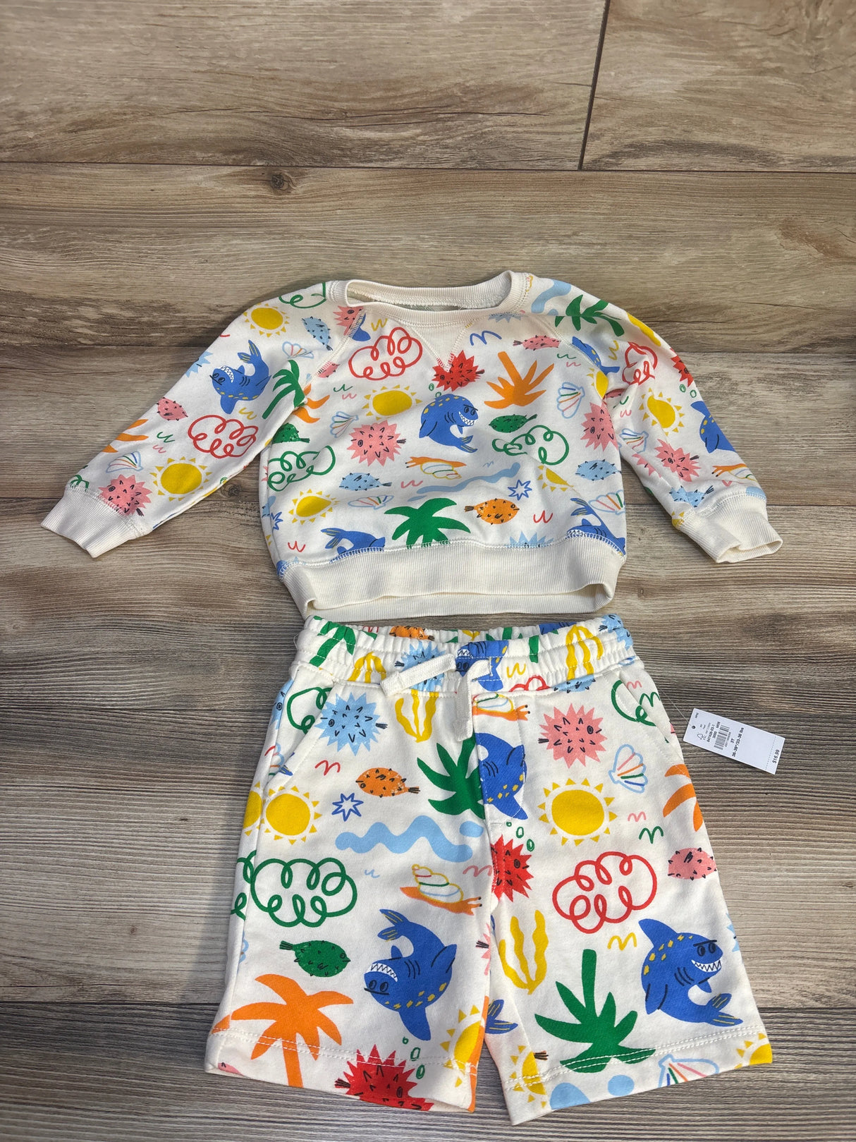 NEW Old Navy 2pc Sea Life Crew-Neck Sweatshirt & Shorts White sz 3T