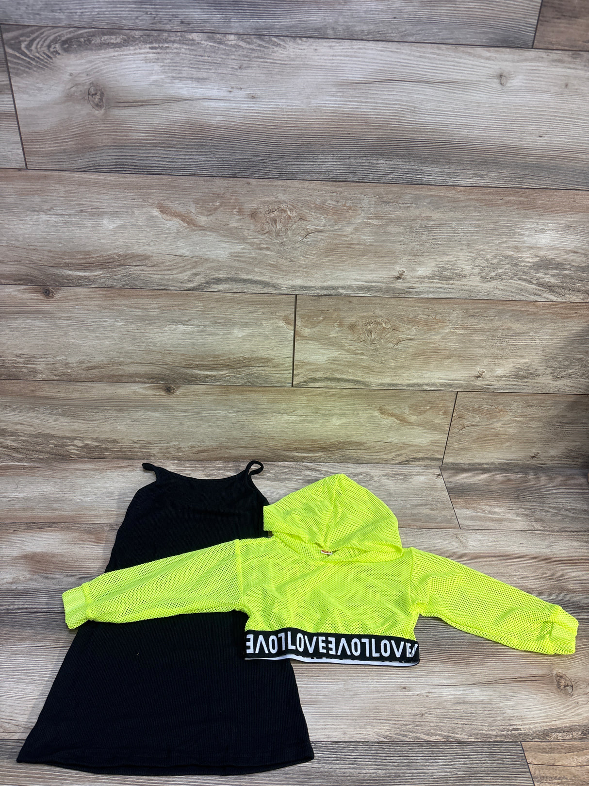 NWOT Shein 2pc Ribbed Tank Dress & Mesh Cropped Hoodie Set Lime Green sz 3/4T