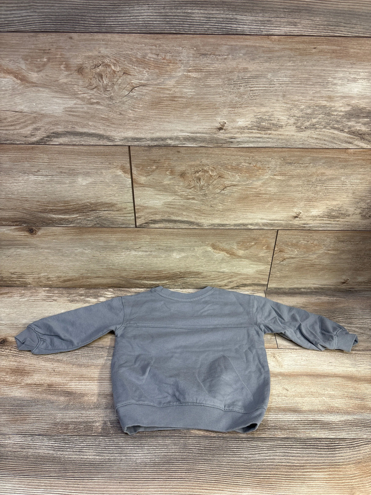 Back view of Cat & Jack toddler grey sweatshirt showcasing ribbed cuffs, crew neck, and long sleeves on wood background