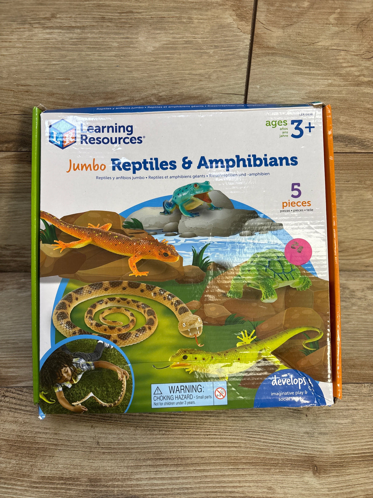 Learning Resources Jumbo Reptiles & Amphibians toy set for kids ages 3+ with 5 animal pieces including snake, frog, turtle