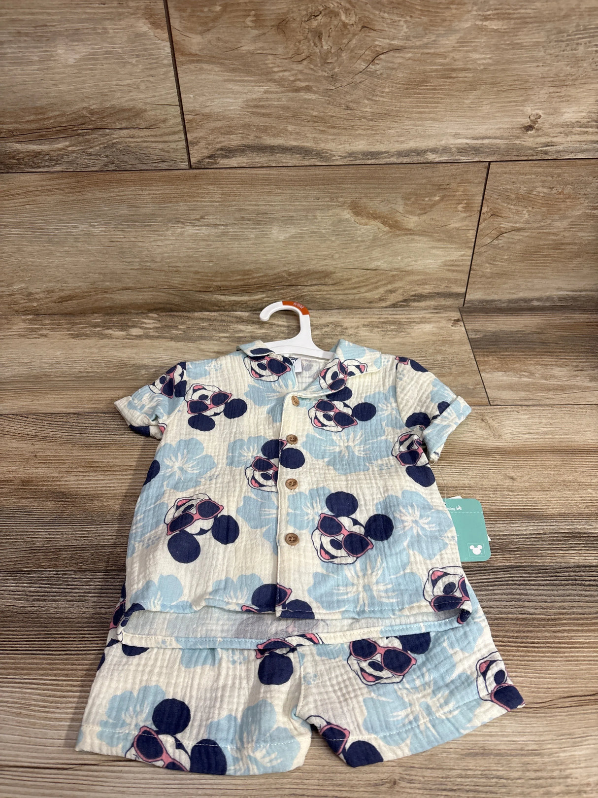 NEW Disney Baby 2pc Mickey Mouse Gauze Button Up & Shorts Set Ivory sz 6-9m
