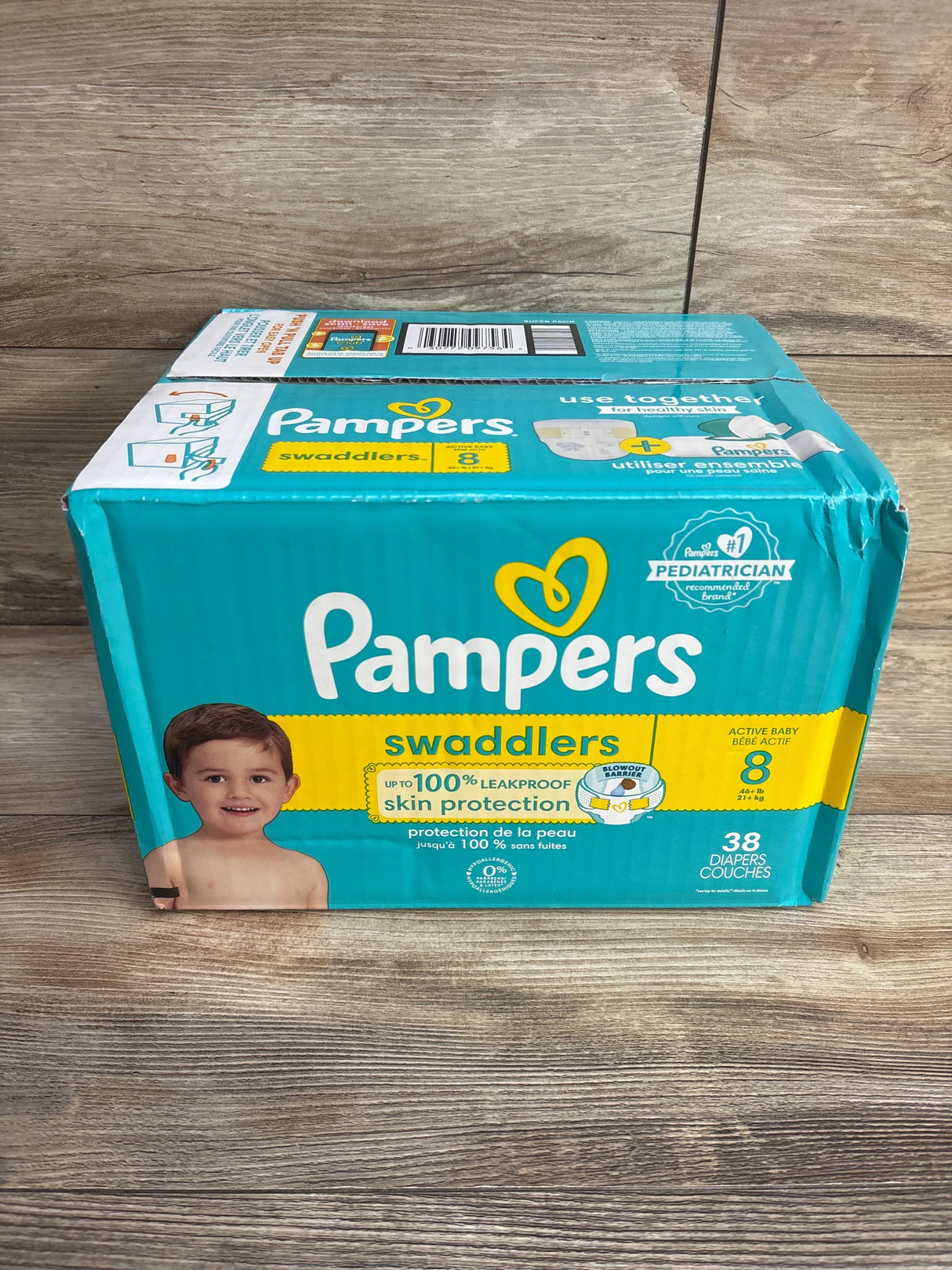 Box of Pampers Swaddlers size 8 diapers for active baby, 38 count, leakproof skin protection