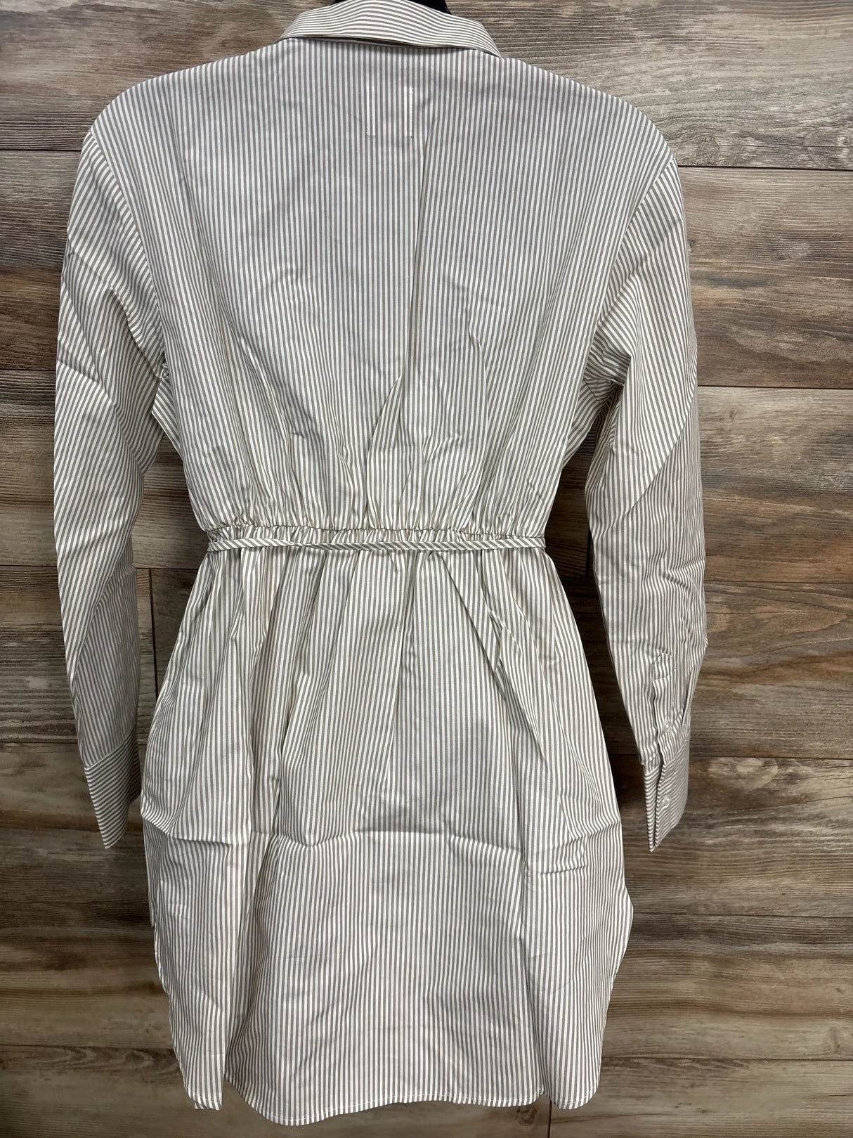 Back view of a long-sleeve, striped button-down shirt dress with gathered waist.