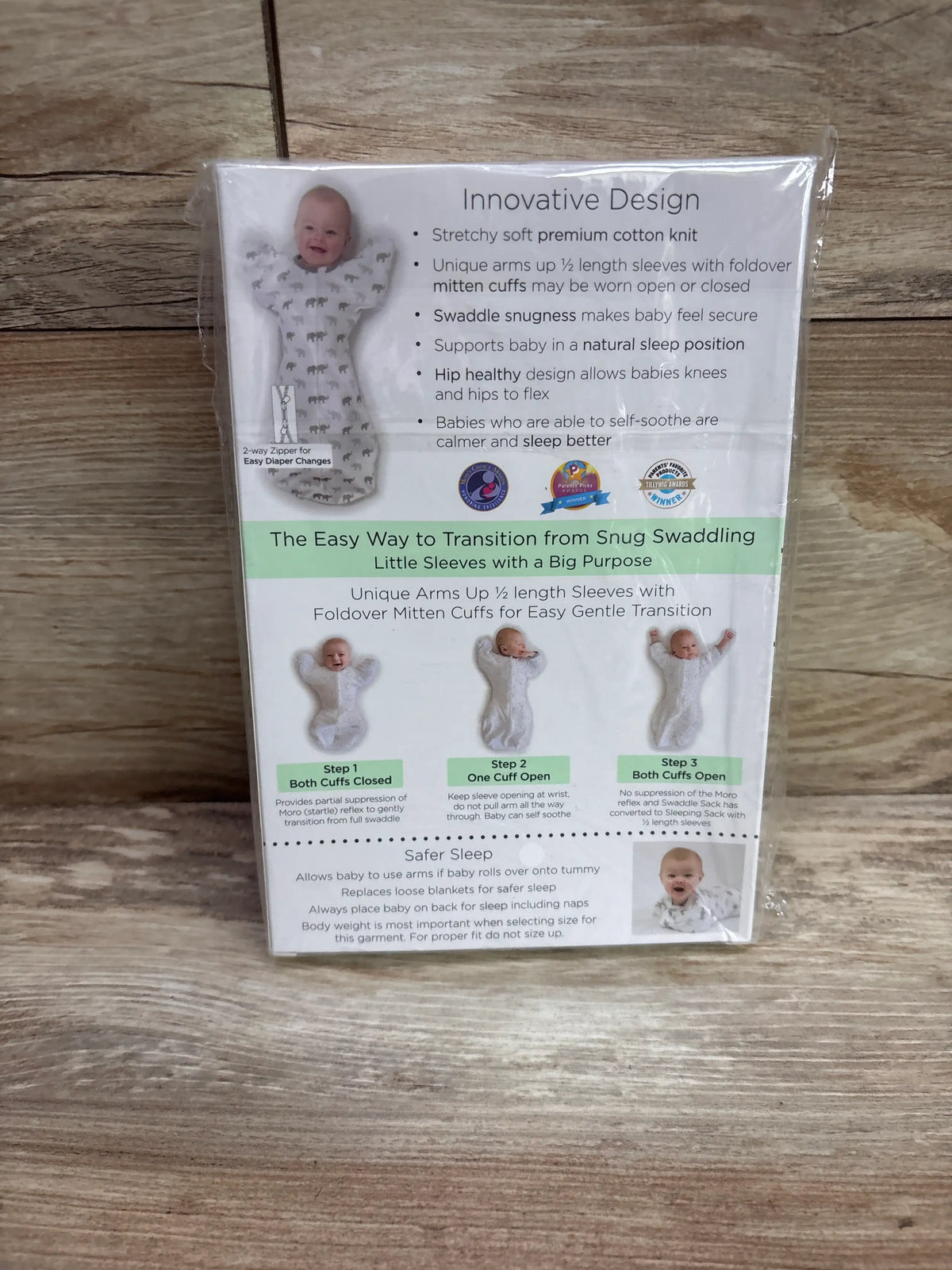 Back view of Amazing Baby transitional arms-up swaddle sack showcasing foldover mitten cuffs and two-way zipper