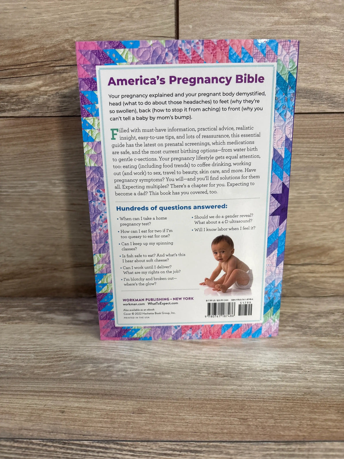 Back cover of What to Expect When You’re Expecting 5th Edition paperback book titled America’s Pregnancy Bible with baby photo