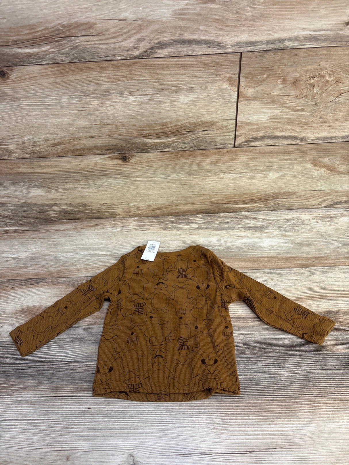 Brown long sleeve kids shirt with penguin print on wooden floor background