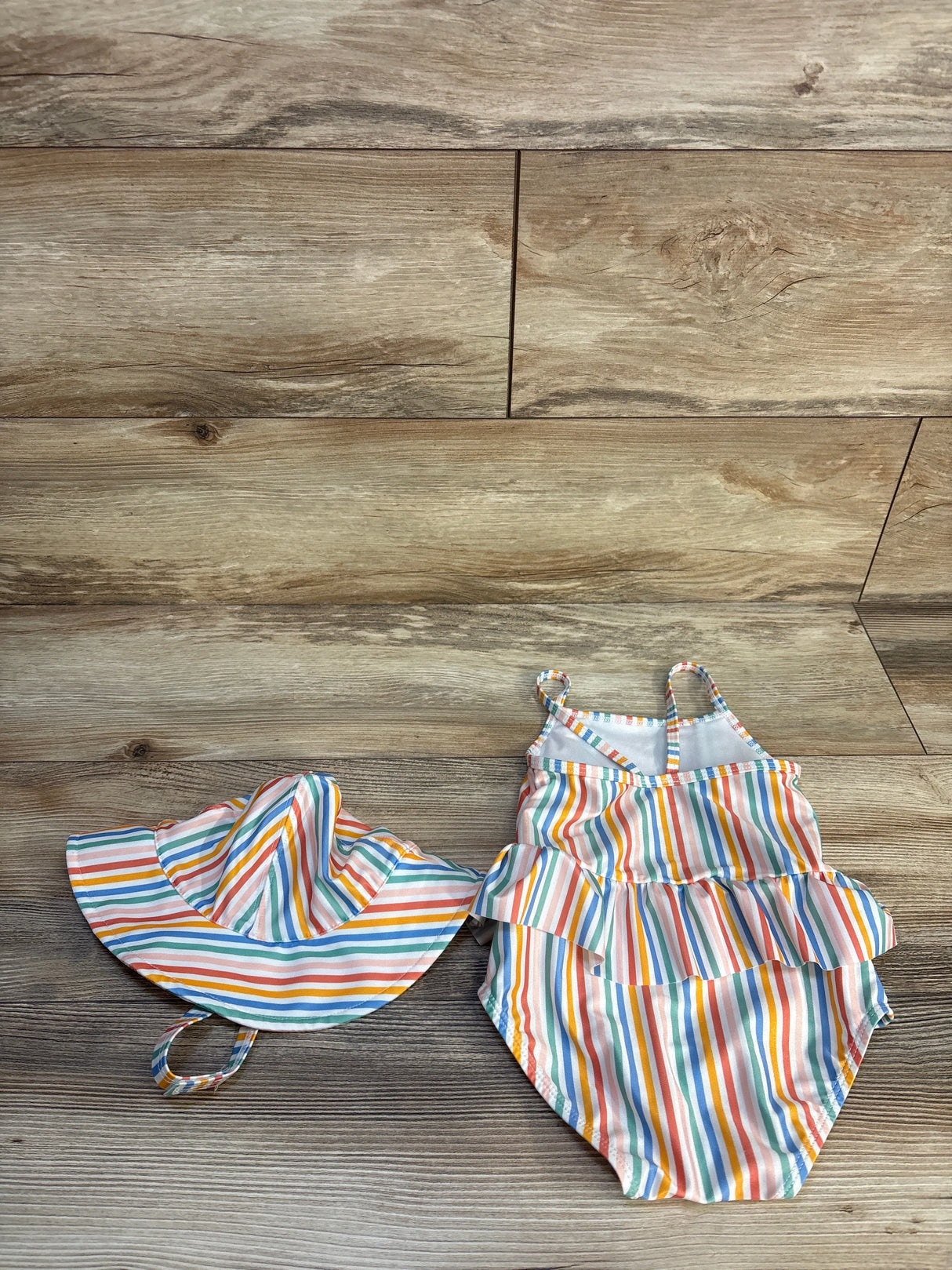 First Impressions Striped One Piece Swimsuit and Hat White sz 18m