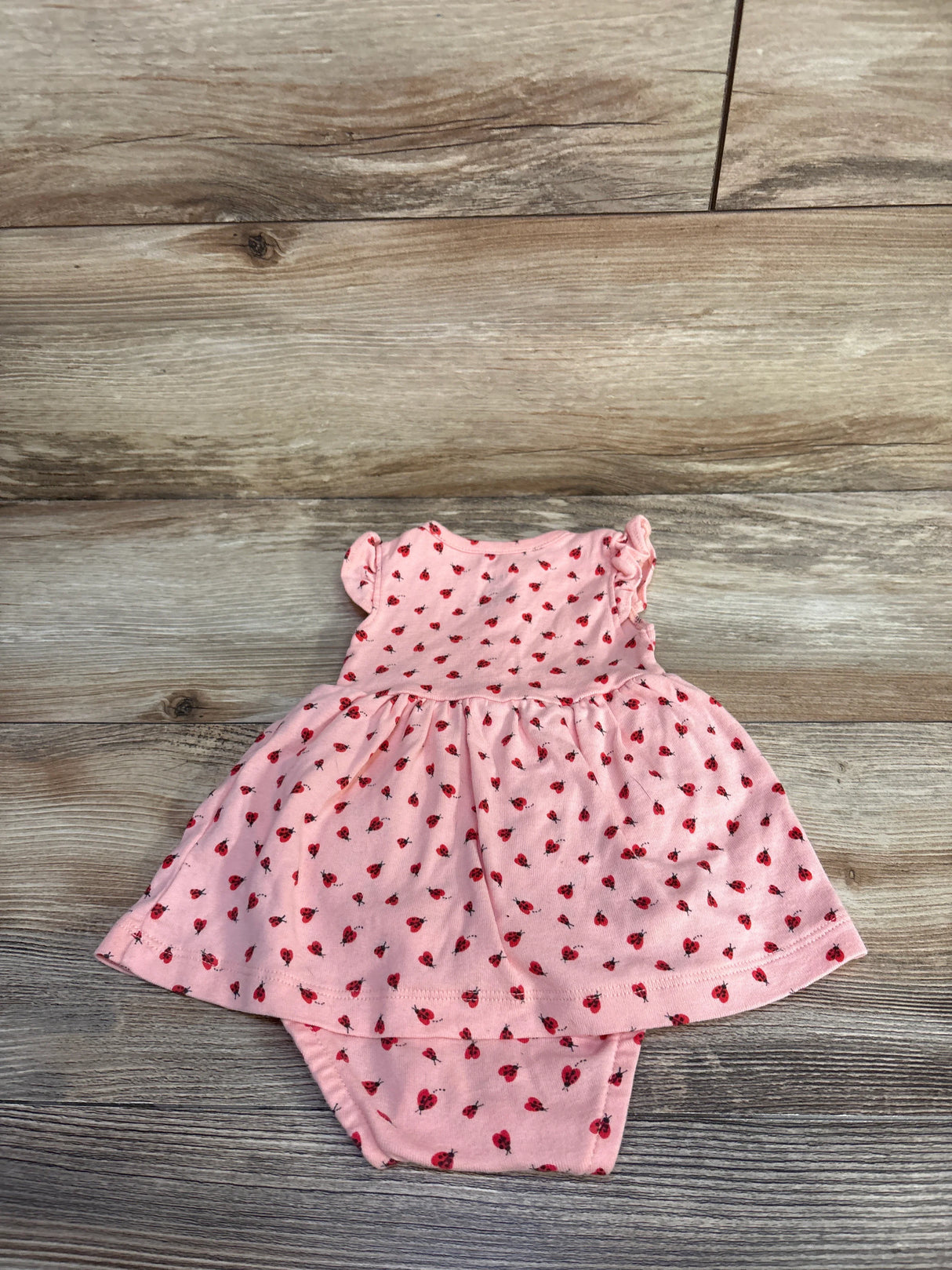 Flat lay of Carter's pink ladybug bodysuit dress showing flutter sleeves, gathered skirt, and red ladybug print on wood background
