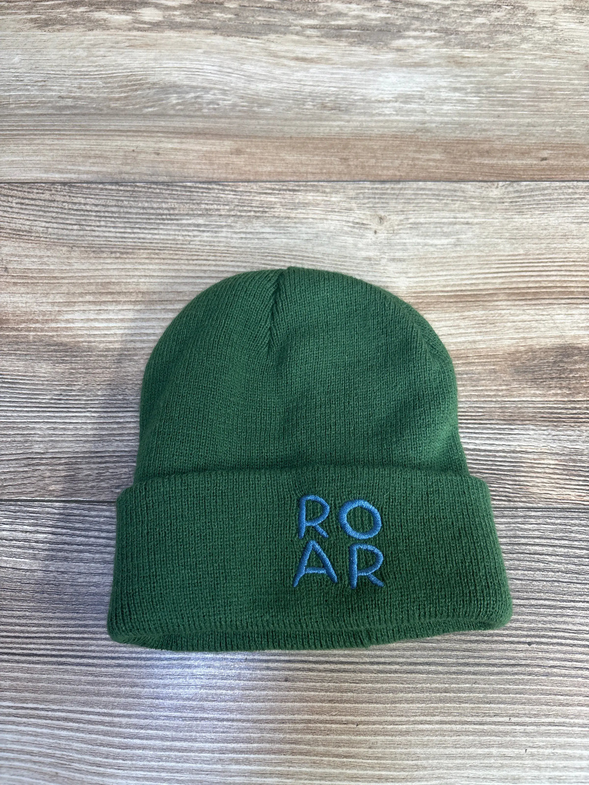 Front view of green Toby & Me Roar beanie showcasing blue ROAR embroidery and folded cuff on a wood-grain background