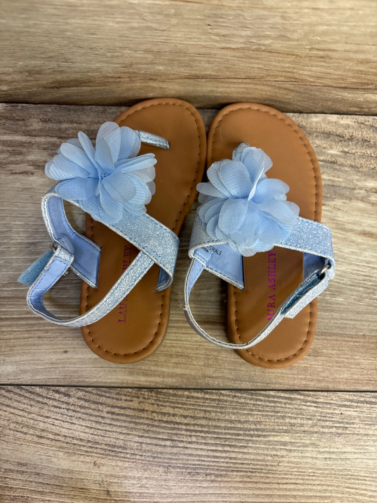 Laura Ashley Blue Glitter Chiffon Flower Sandals sz 9c - Me n Mommy To Be