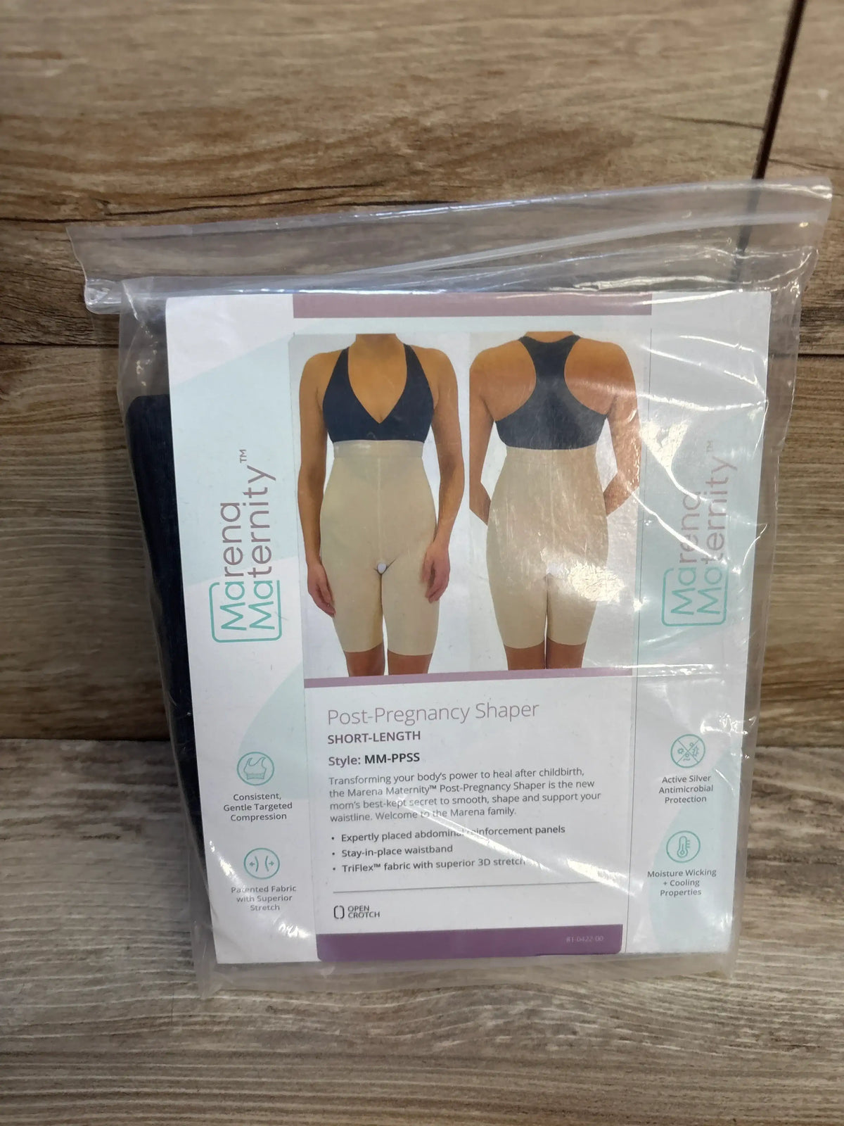 Front of Marena Post-Pregnancy Shaper short-length in sealed package showing shorts and visible Post-Pregnancy Shaper headline