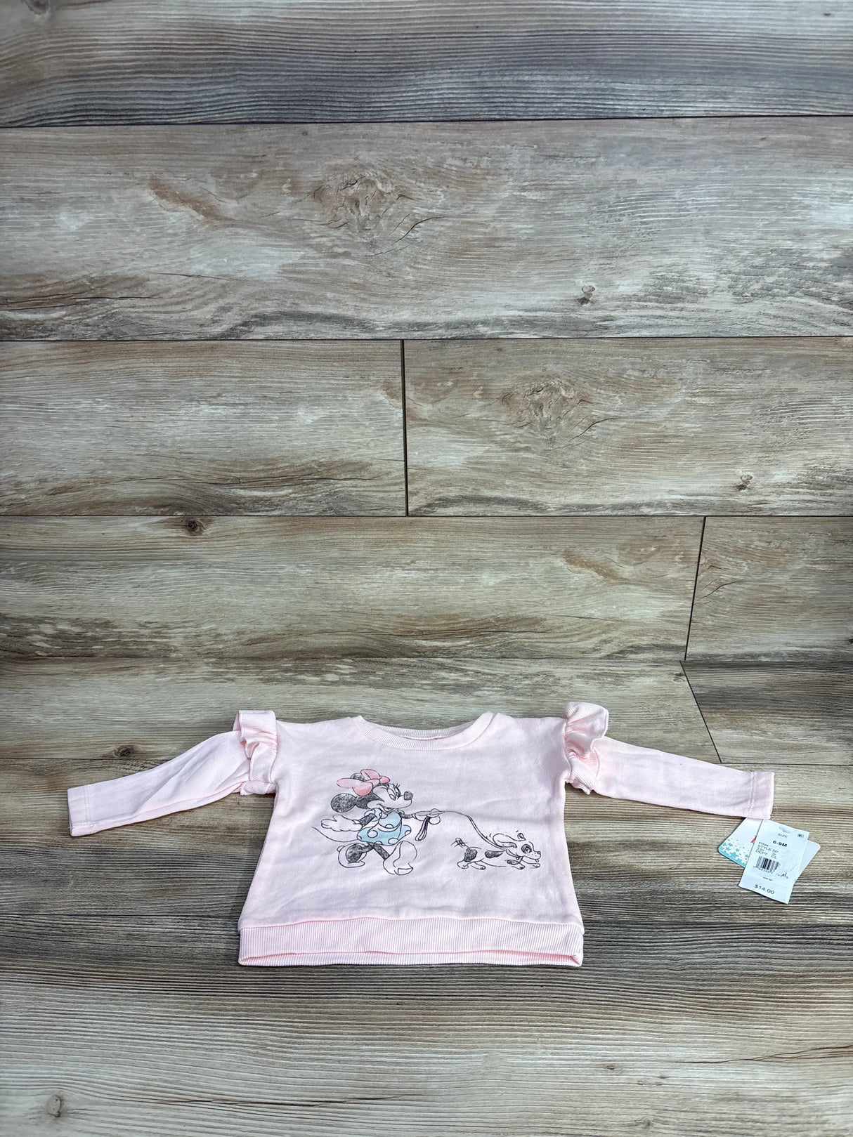 Pink long sleeve toddler shirt with cartoon mouse print and ruffle shoulders, new with tags