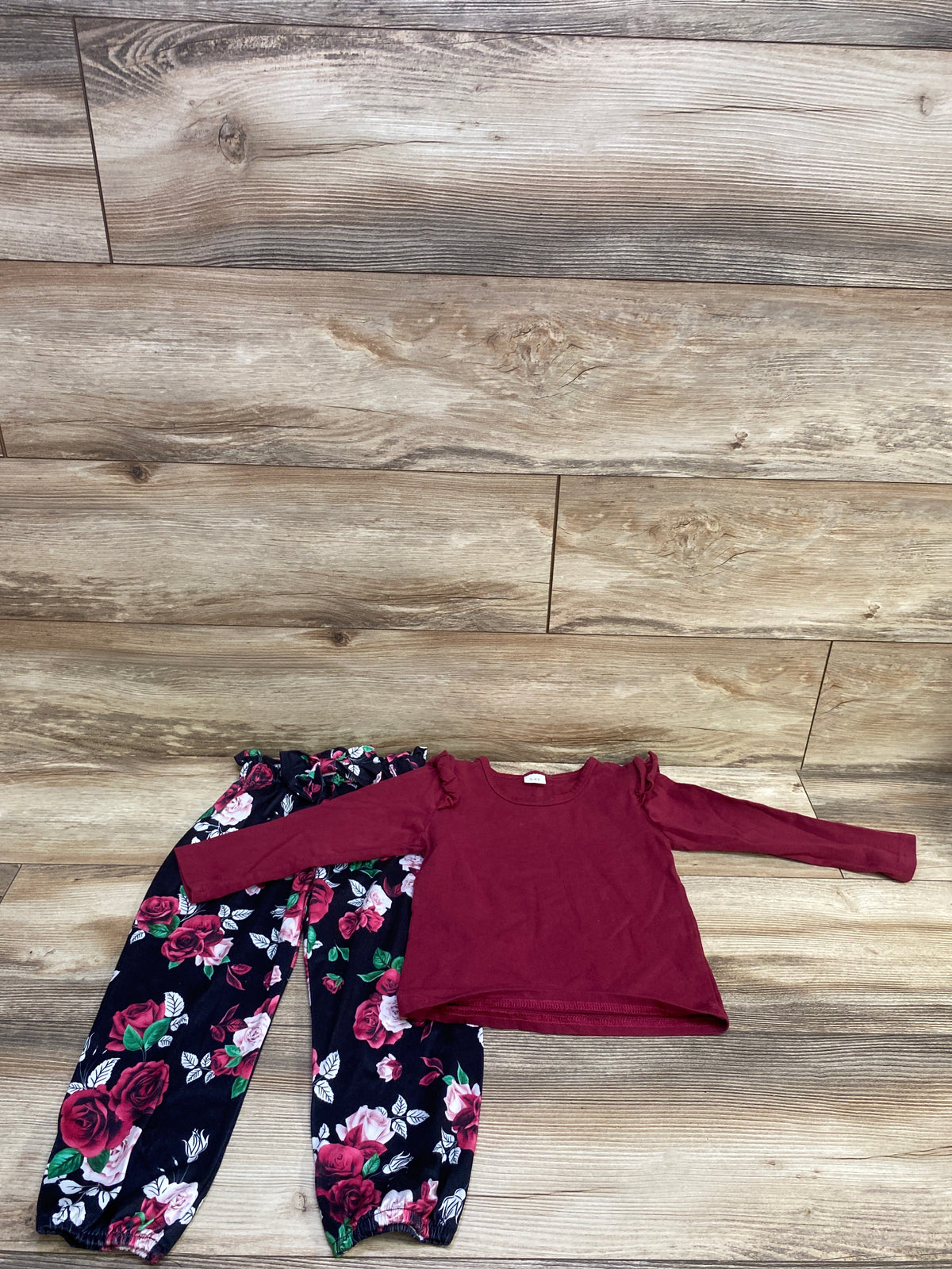 2pc Long Sleeve Shirt & Floral Pants Set Burgundy sz 3-4T