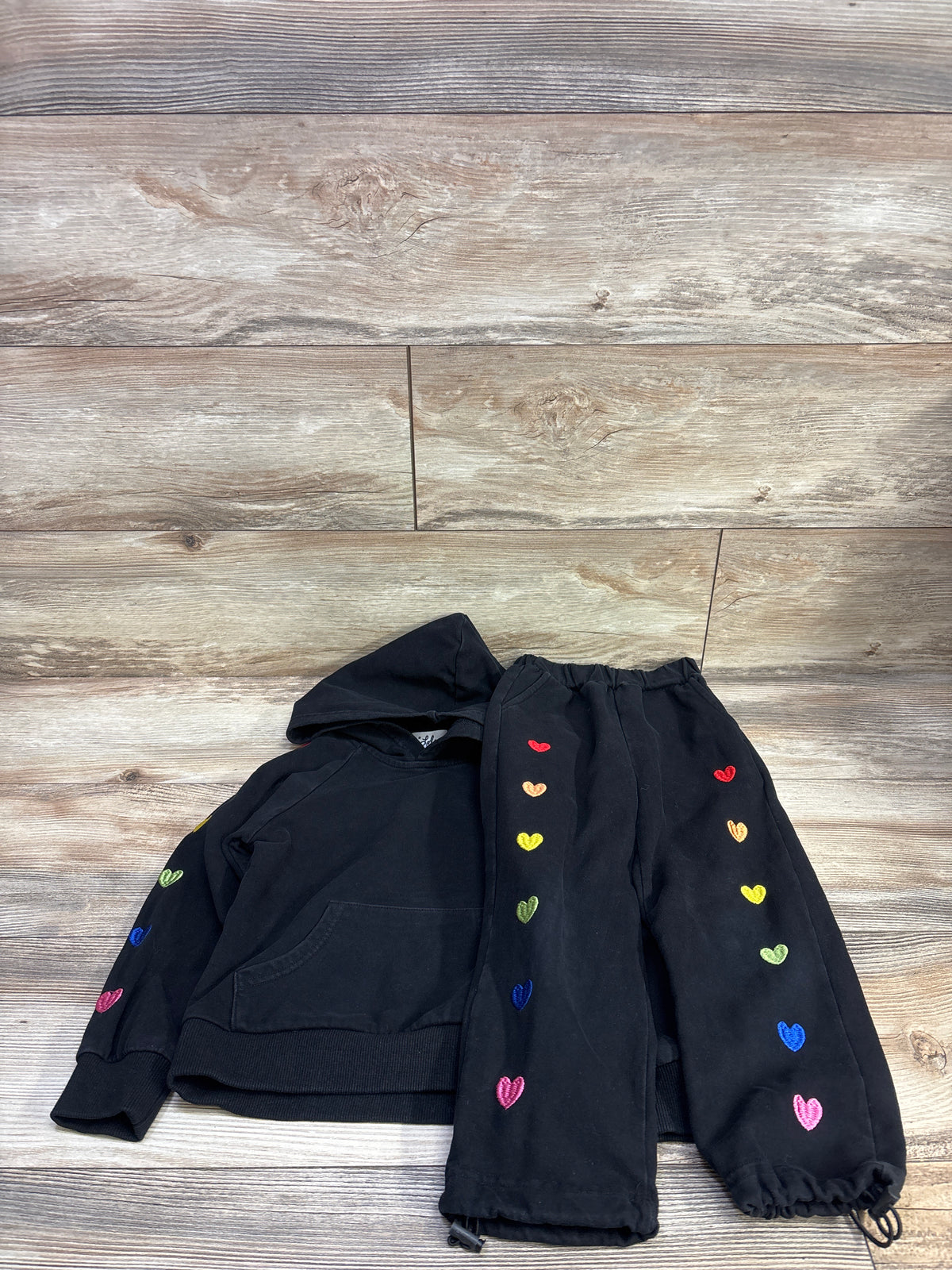 Lola + The Boys 2pc Rainbow Heart Hoodie & Joggers Set Black sz 4T*