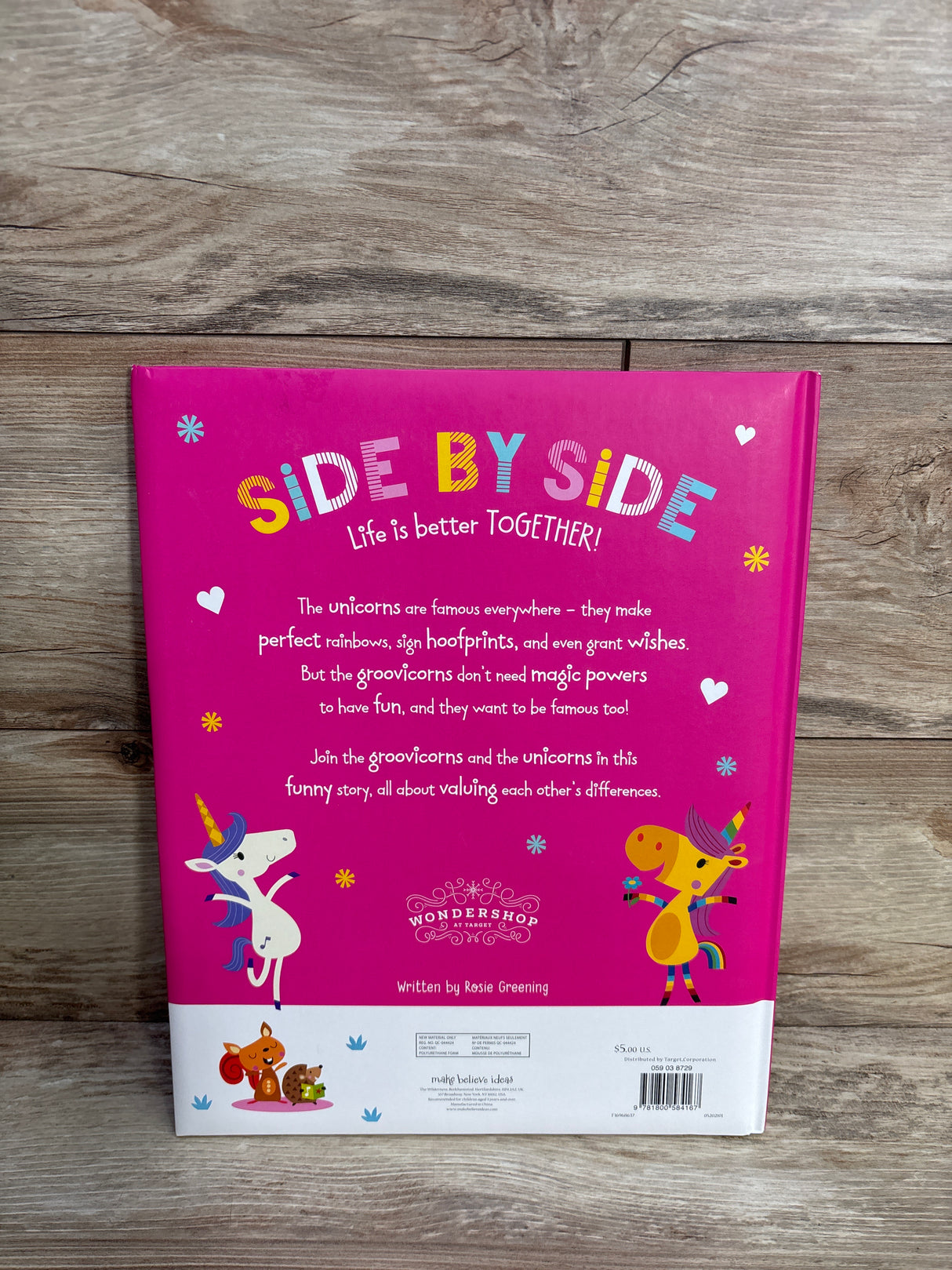 Back cover of kids book Side By Side with colorful unicorns and story description