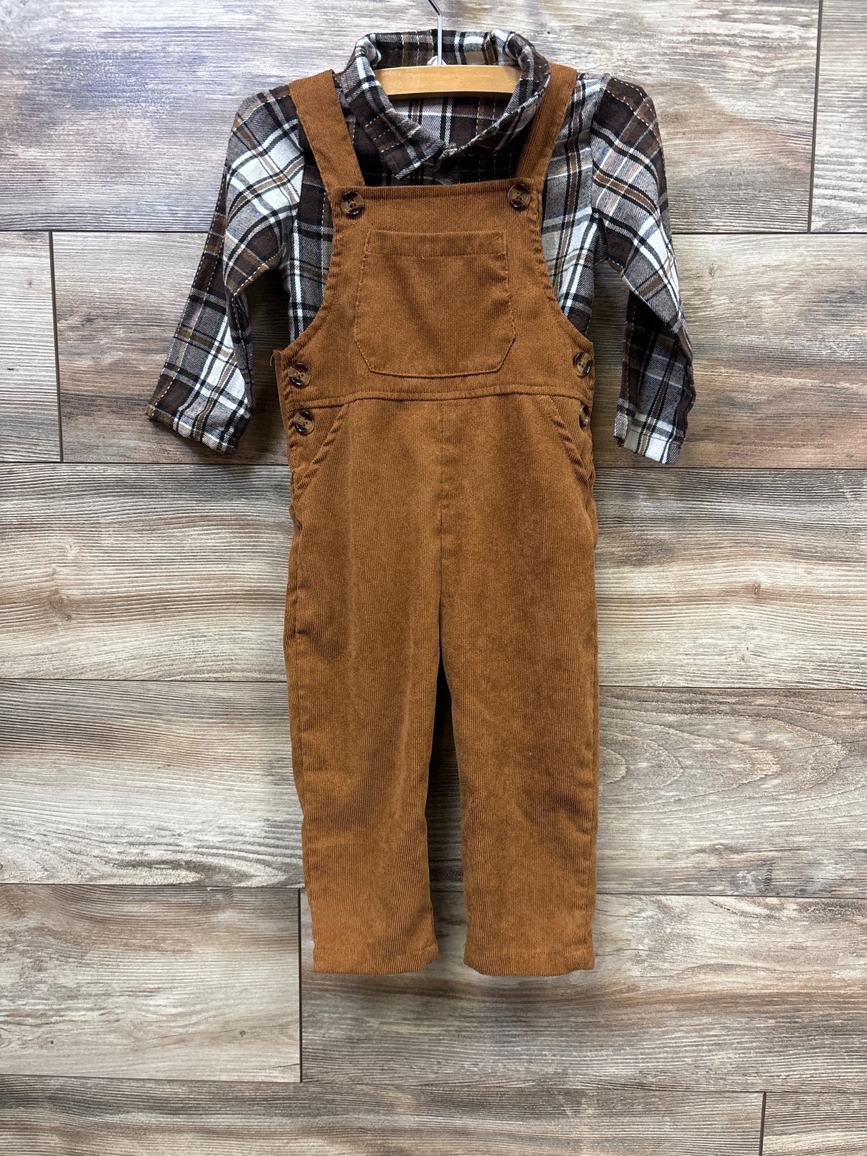 Shein 2pc Plaid Button Up Shirt & Cord Overalls Set Brown sz 18-24m