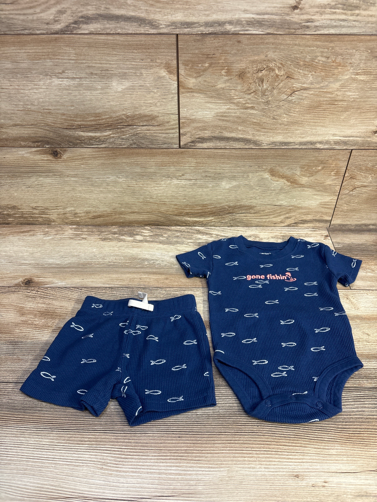 Carter's 2pc Gone Fishin' Waffle Knit Bodysuit & Shorts Set Blue sz 9m