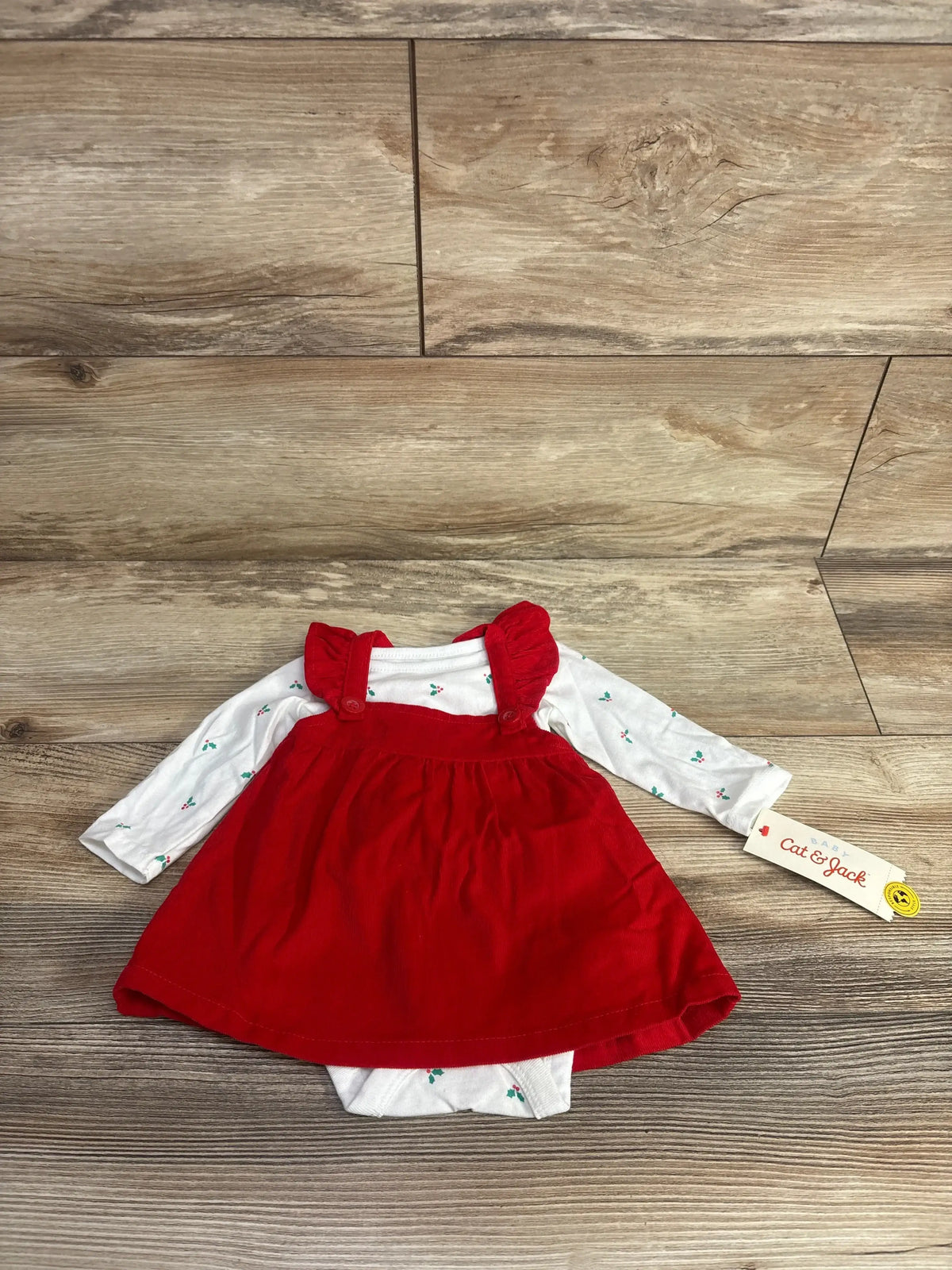 Red corduroy baby dress with white holly print long sleeve top, Cat & Jack brand, festive holiday outfit