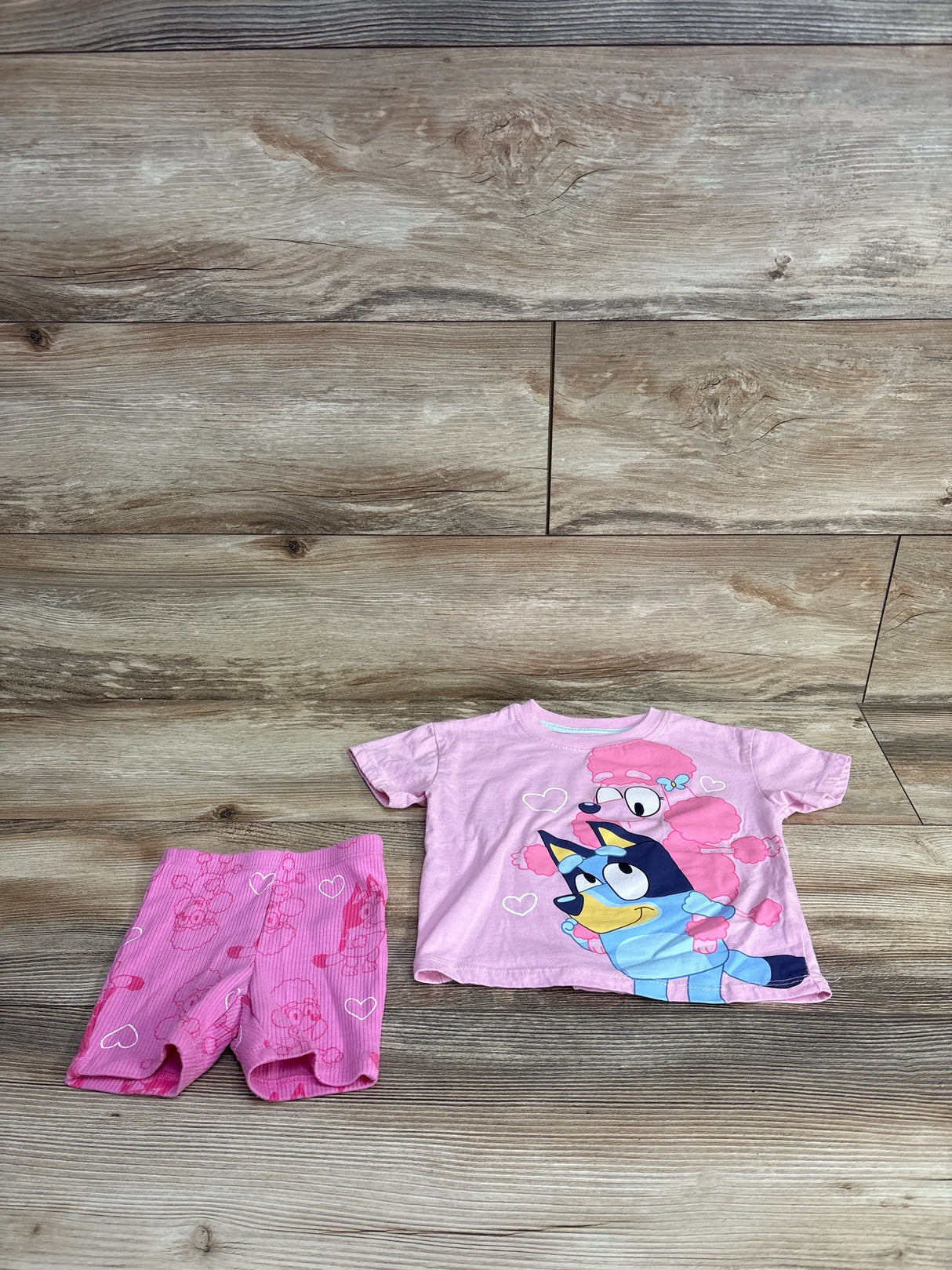 Pink toddler outfit with cartoon characters, including a pink poodle and blue dog, on wooden floor