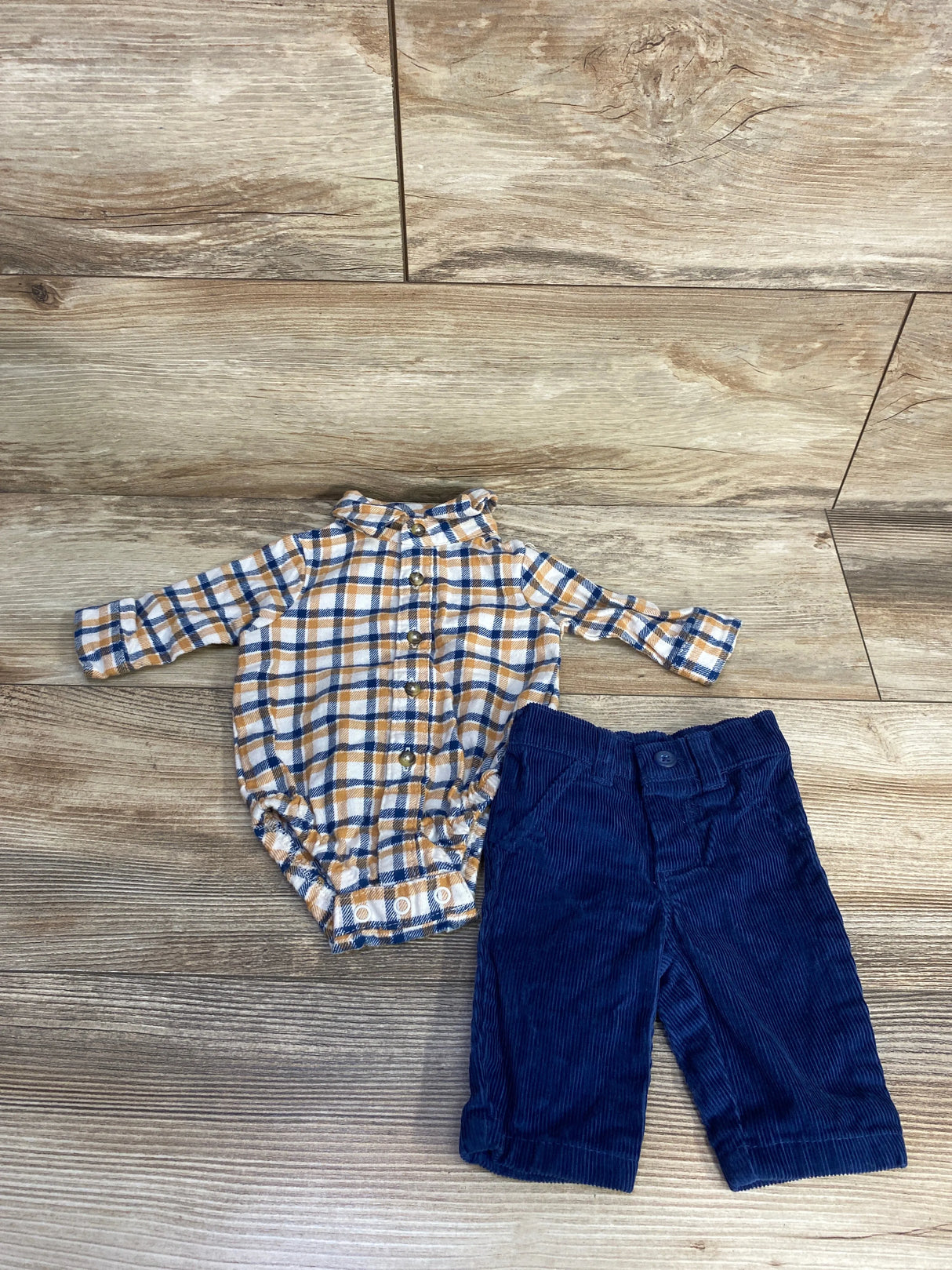 Just One You Plaid Button Up Bodysuit & Cord Pants Tan sz Newborn