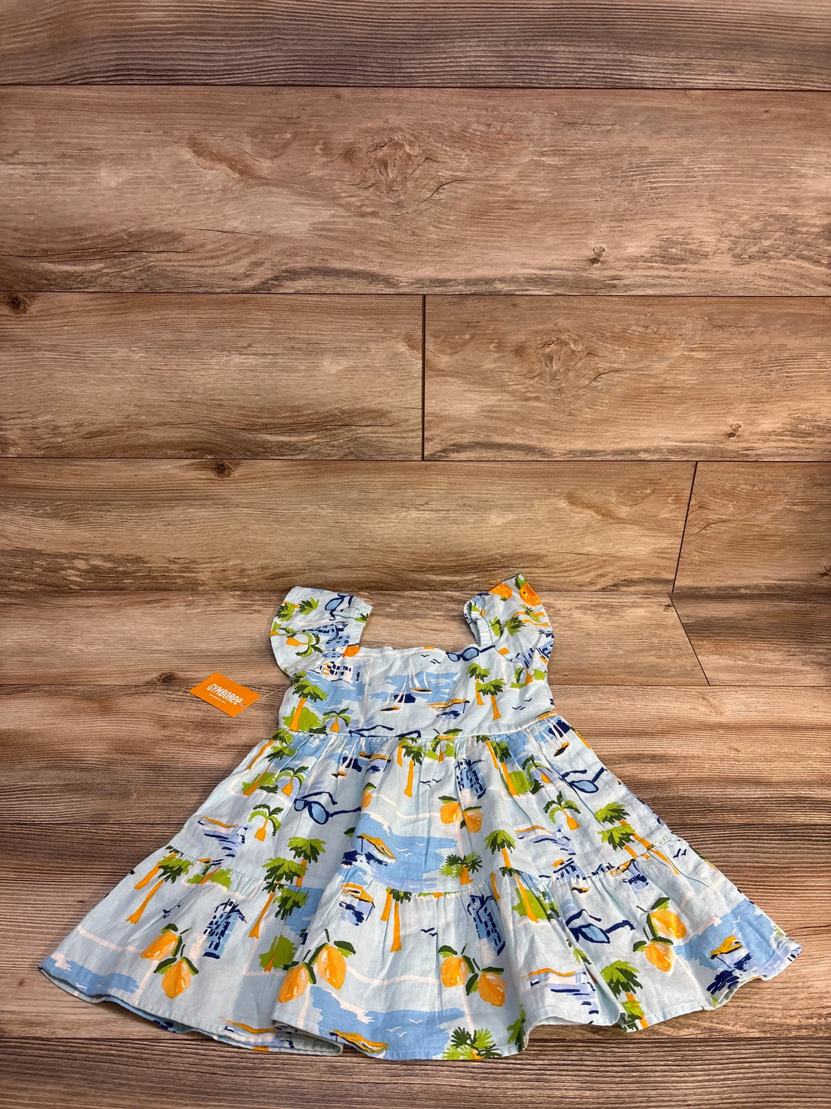 Gymboree baby girl summer dress with palm trees, oranges, and beach print on light blue fabric