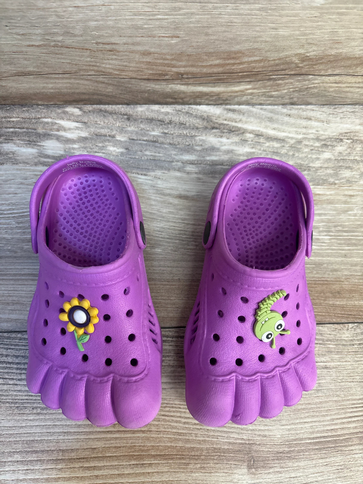 Purple kids' toe shoes with flower and caterpillar charms on wood background