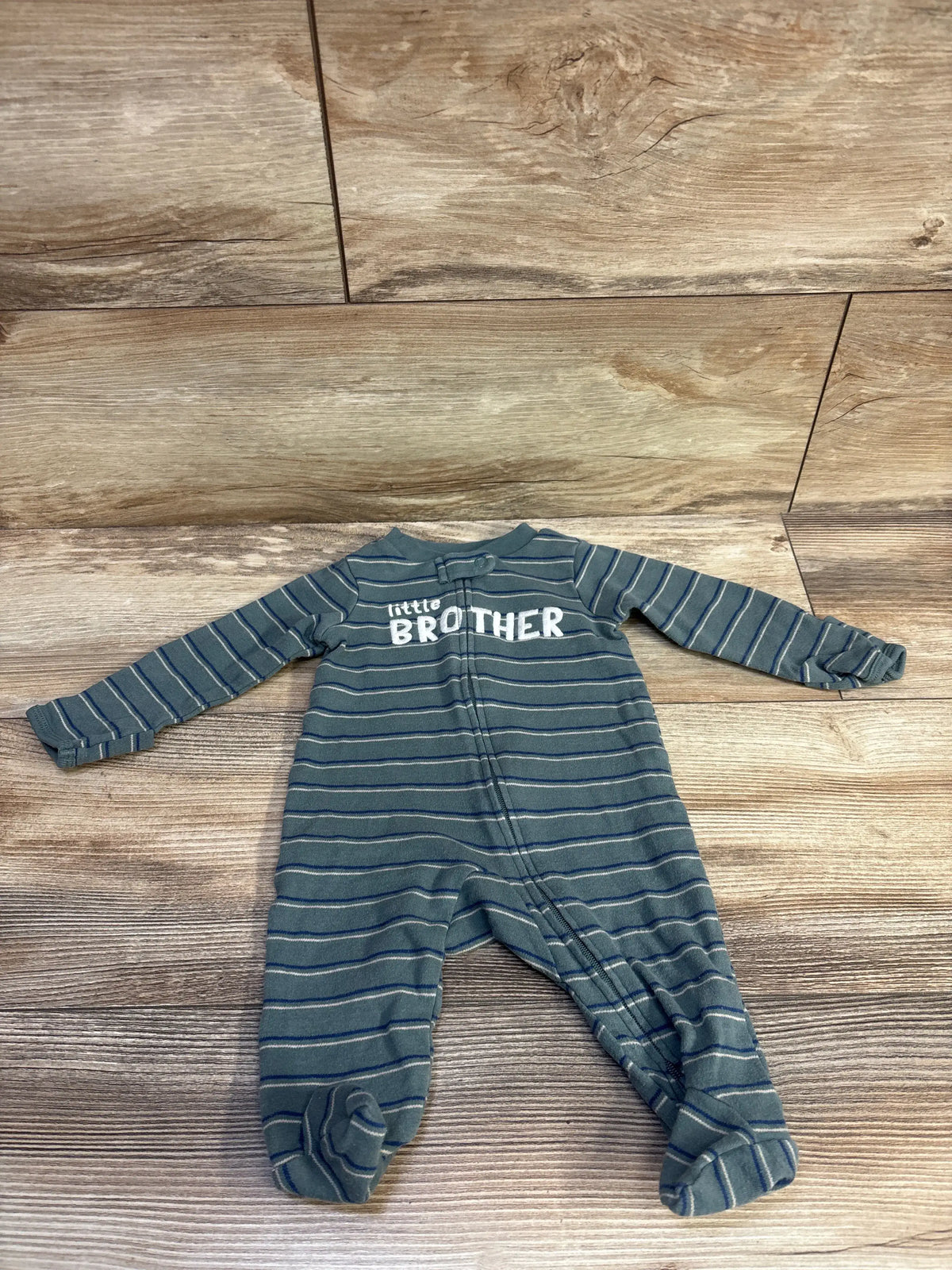 Just One You striped green baby sleeper with 'little BROTHER' text on the chest