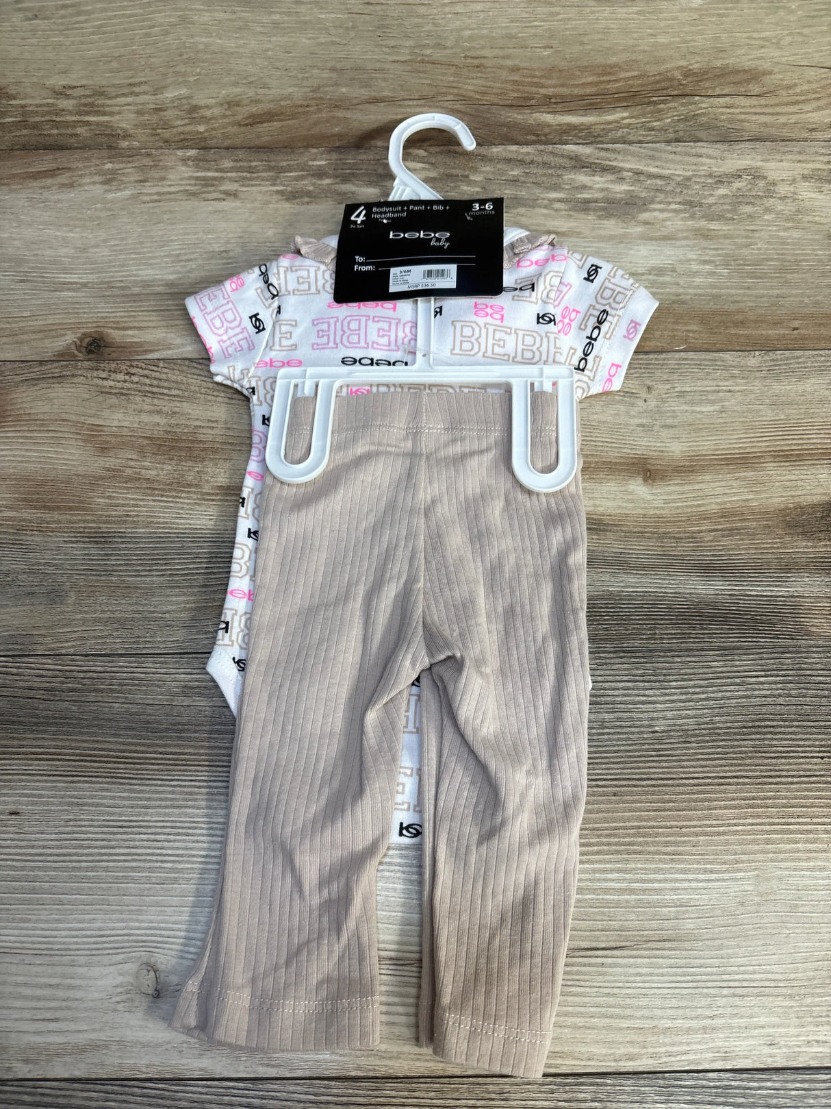 bebe baby 4-piece set with bodysuit, pants, bib & headband for 3-6 months, pink print, ribbed beige pants