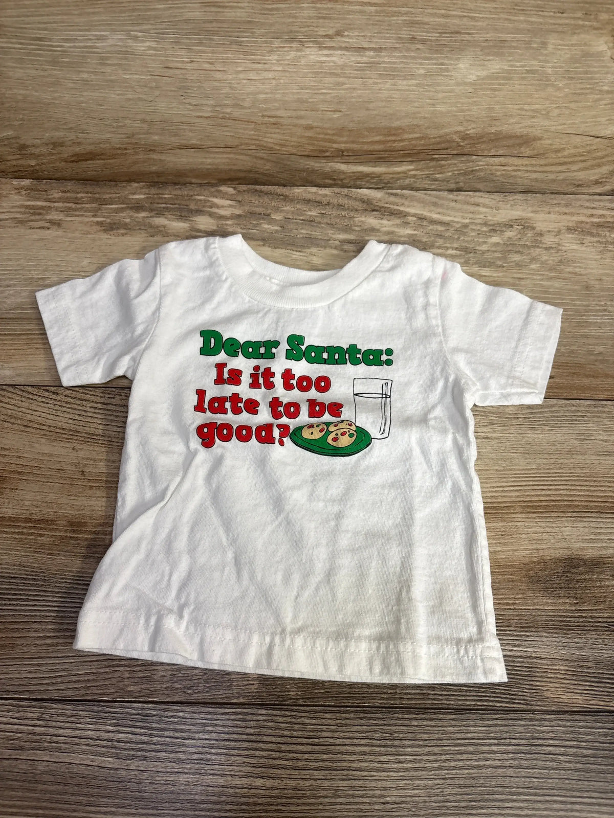 White kids Christmas tee with 'Dear Santa: Is it too late to be good?' graphic, cookies & milk design