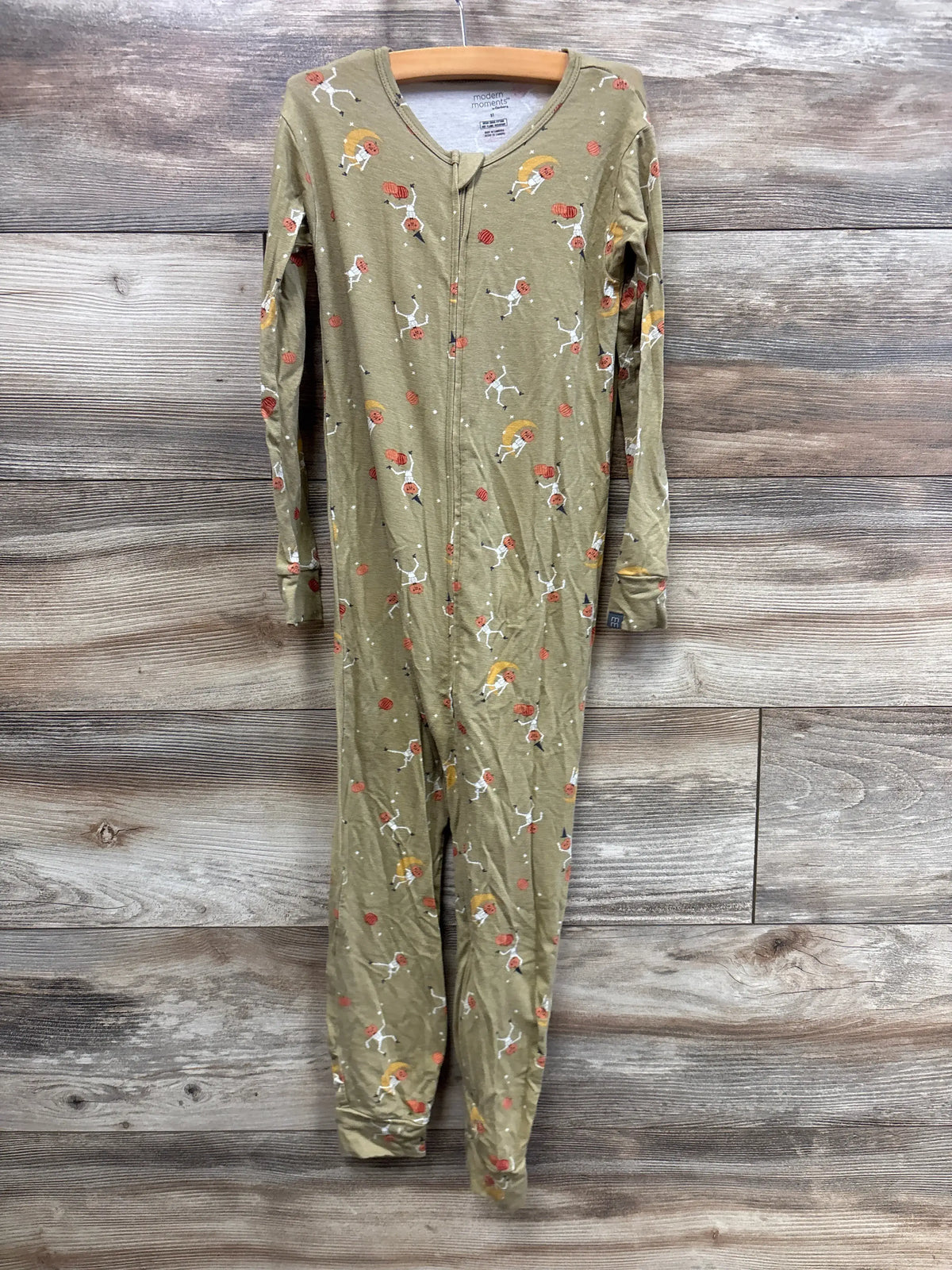 Front view of Modern Moments Halloween footless sleeper with green viscose fabric, long sleeves, and skeleton pumpkin print