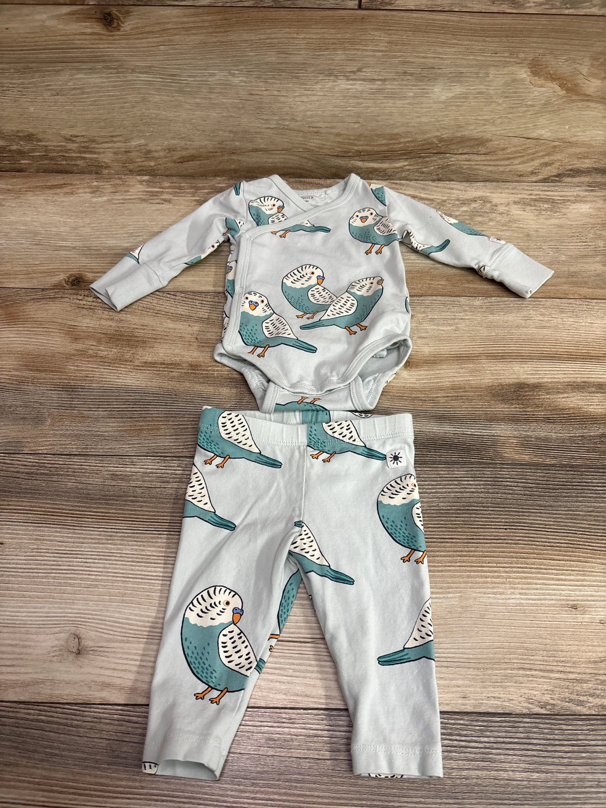 Lindex 2pc organic bird wrap bodysuit and pants set in light aqua for infants size 0-3m