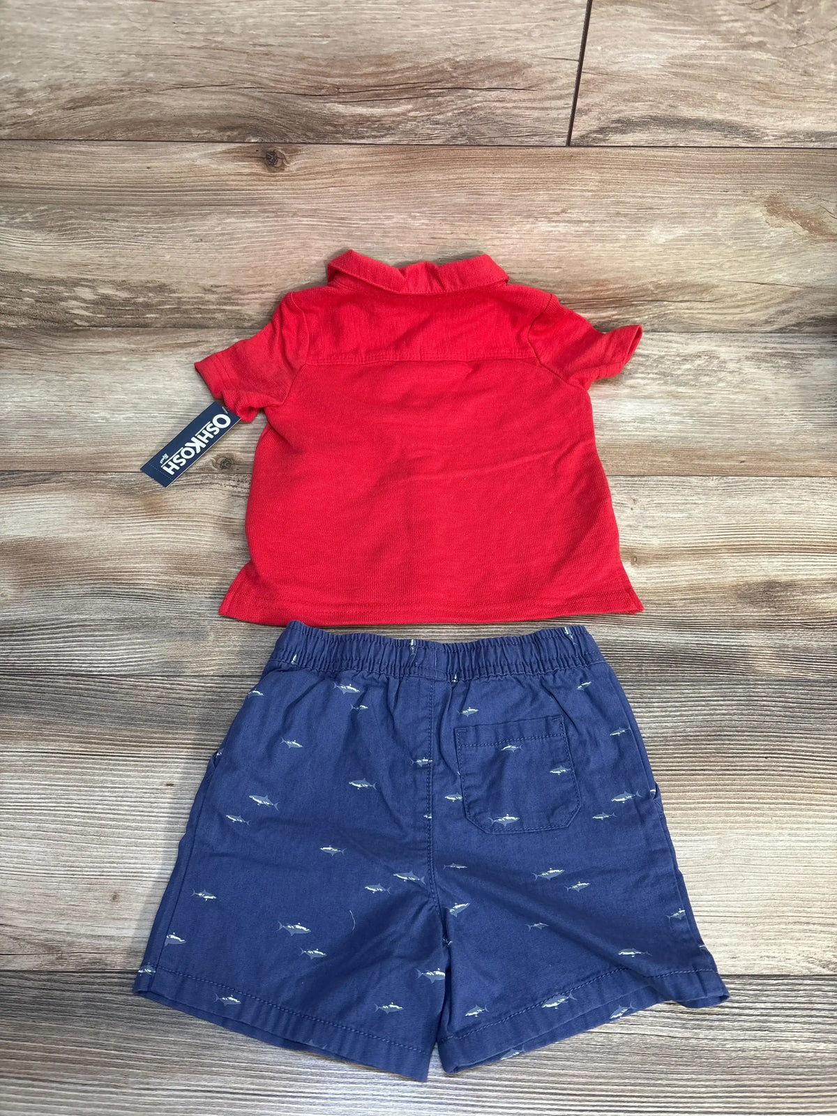 OshKosh baby boys red polo shirt and navy shark print shorts set