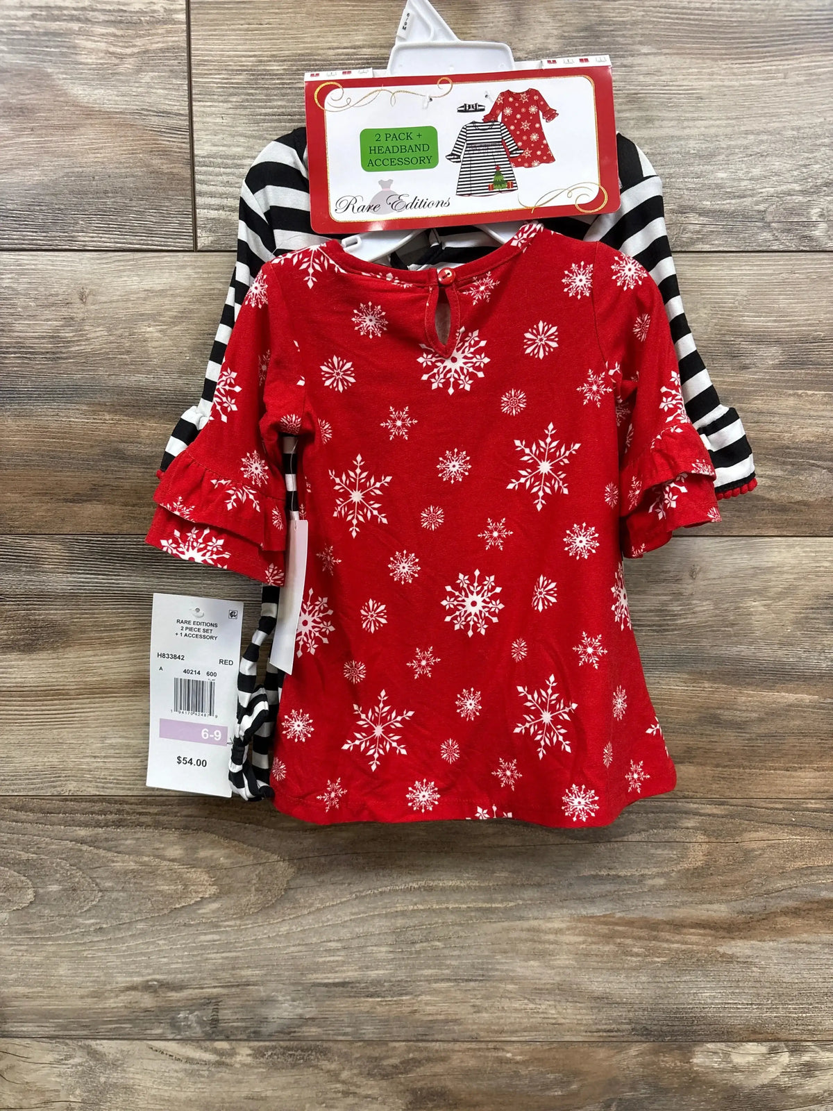 Red snowflake dress & striped top 2-pack with headband for girls, size 6-9, holiday kids clothing