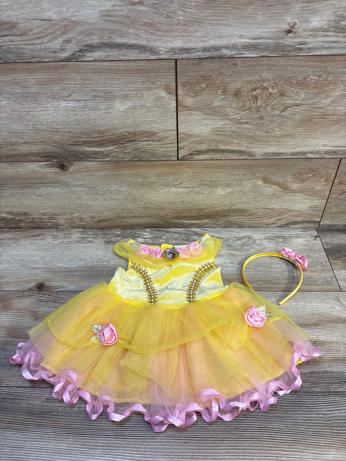 Disney Baby Beauty and the Beast Belle Costume + Headband Yellow sz 6-12m