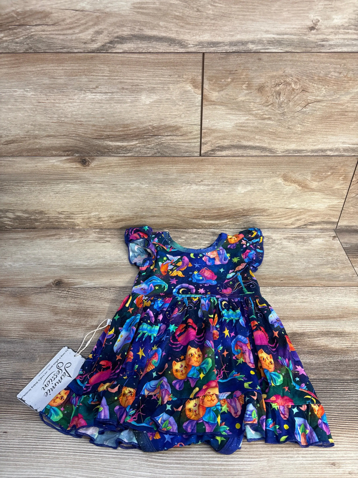 Front view of Jammie Session navy Cosmic Cuddles bodysuit twirl dress showcasing colorful cosmic print and full skirt with wood floor background
