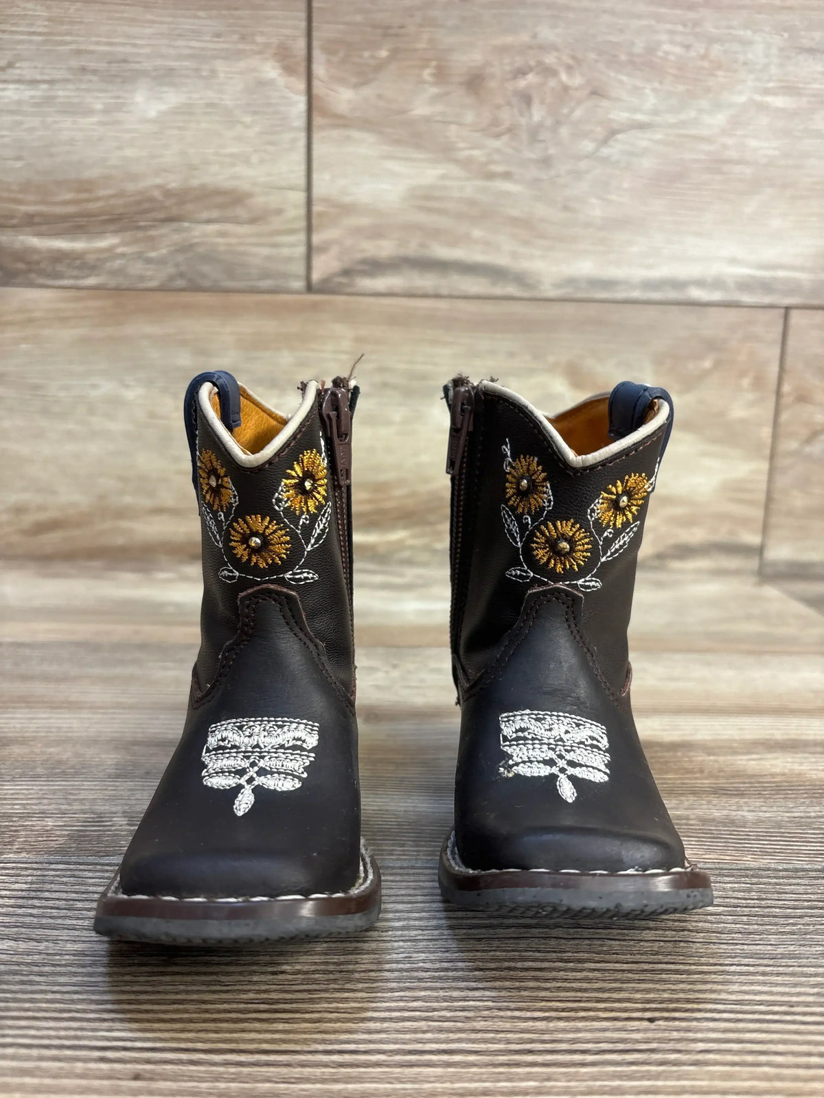 Black toddler cowboy boots with gold flower embroidery and side zippers, kids' western footwear