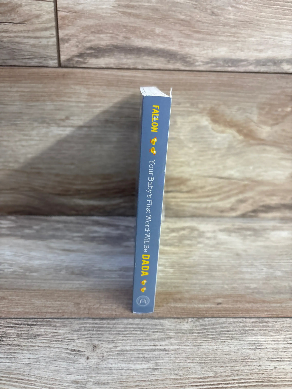 Spine of Your Baby’s First Word Will Be Dada board book by Jimmy Fallon showing blue binding and yellow title on wood grain