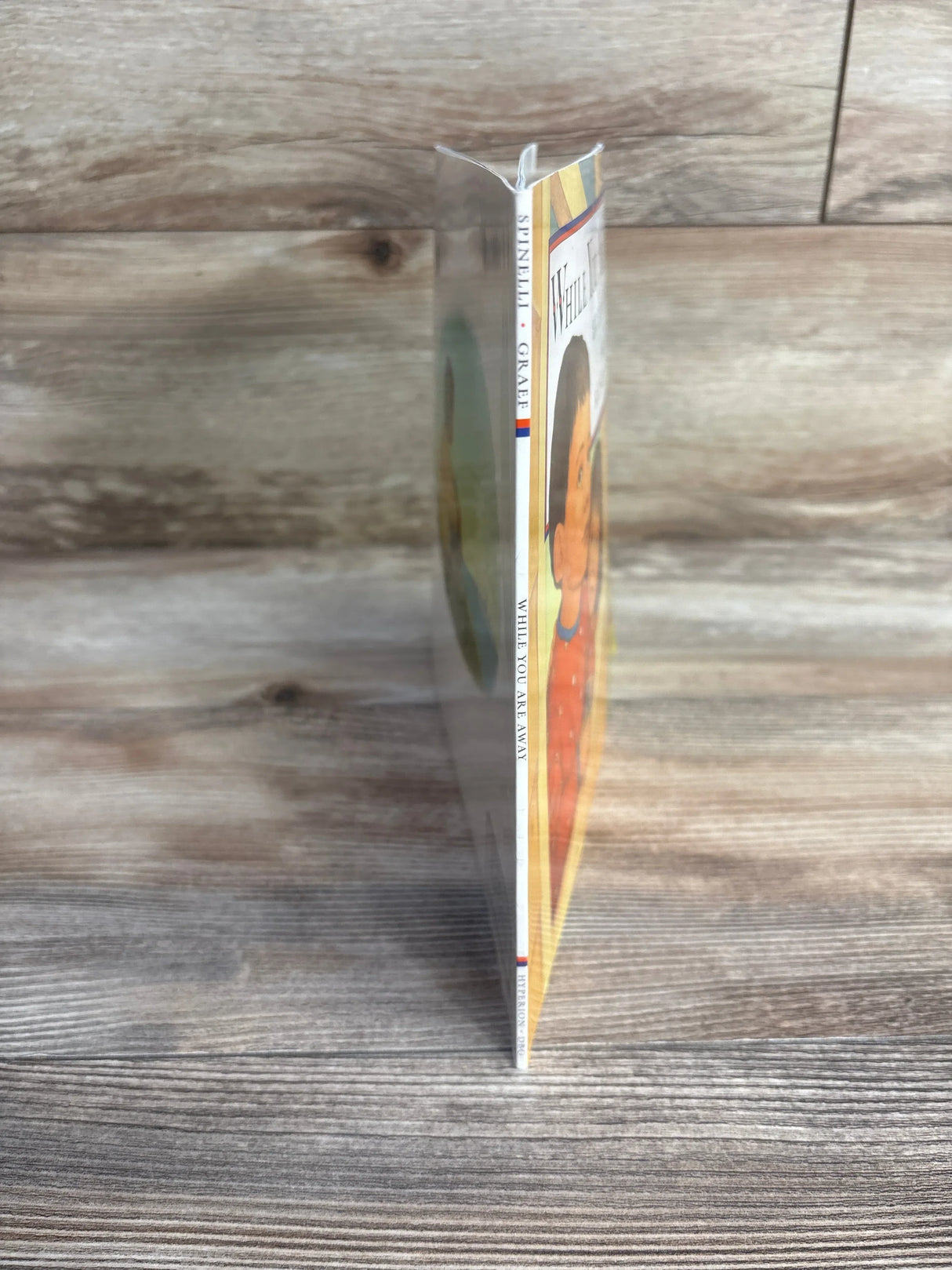 Side view of While You Are Away paperback showing thin spine and clear protective sleeve on wood-grain surface